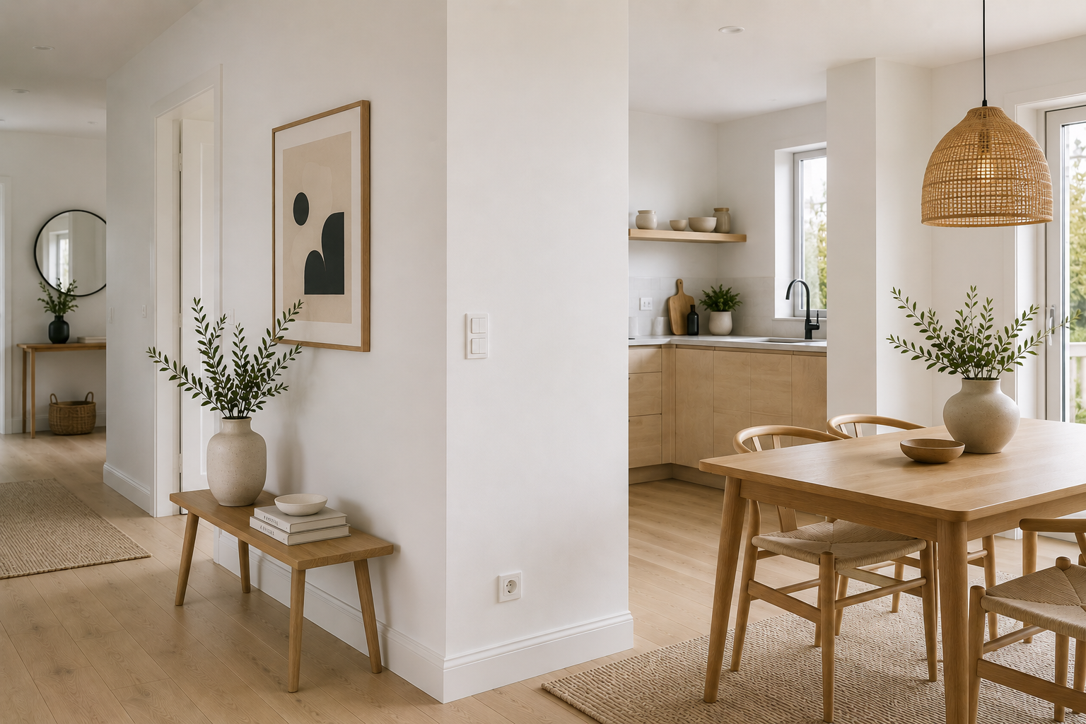 AI-generated Scandinavian-style dining and kitchen space with square drywall corners, light wood furniture, neutral tones, and a woven rattan pendant light.