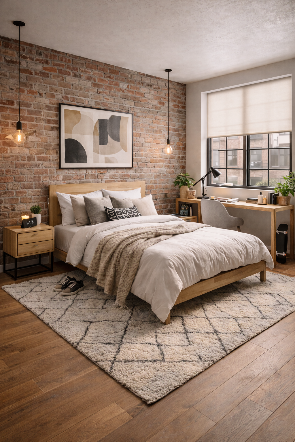 Industrial Scandinavian young adult bedroom with exposed brick wall, light wood bed frame, neutral bedding, larger textured area rug, hardwood flooring, modern nightstand, workspace desk, and ivory roller shade on window