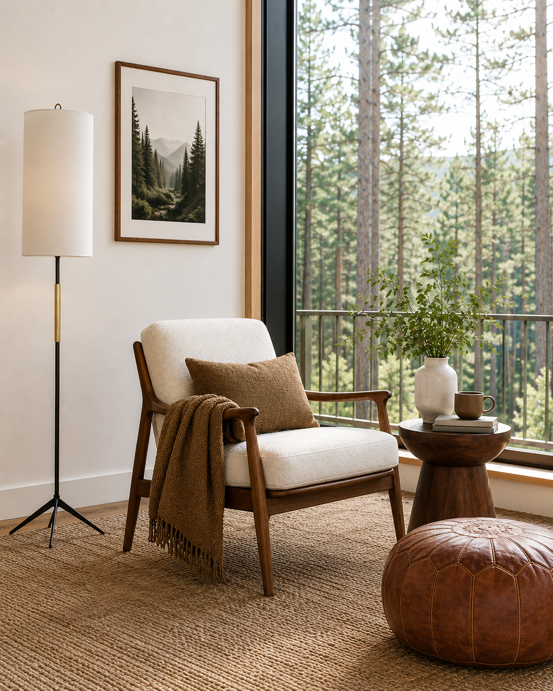 Mid-Century Modern reading nook with floor lamp, upholstered lounge chair, leather Moroccan pouf, wood side table, large window overlooking a pine forest, and natural fiber rug. AI-generated image styled by Joshua Jones of JJones Design Co.