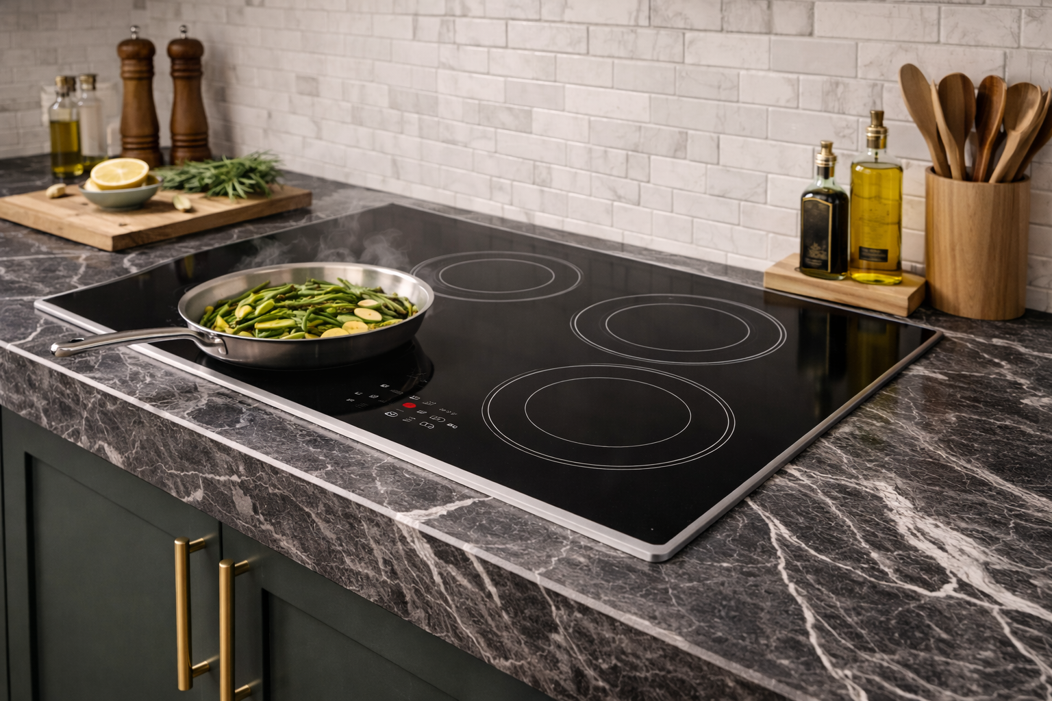 Close-up of a dark gray quartzite countertop with white veining, featuring a built-in black induction cooktop, stainless steel pan, white tile backsplash, and styled cooking accessories. AI-generated image.