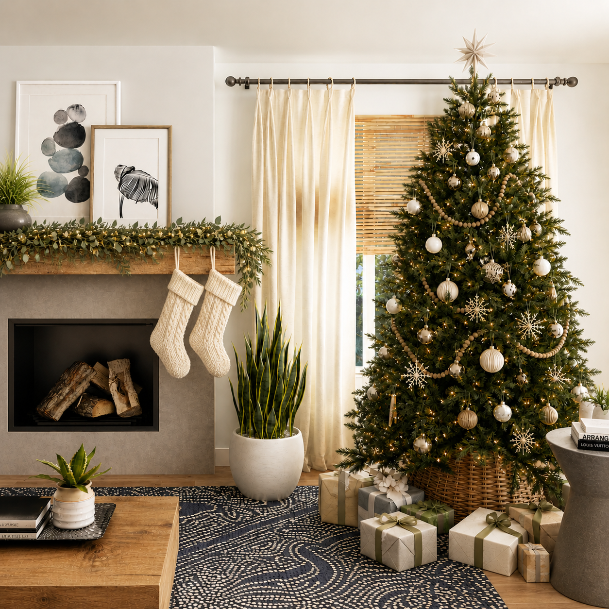 California Casual living room with fireplace, eucalyptus-style garland, two ivory knit stockings, and decorated Christmas tree with wrapped gifts in a neutral holiday setting.