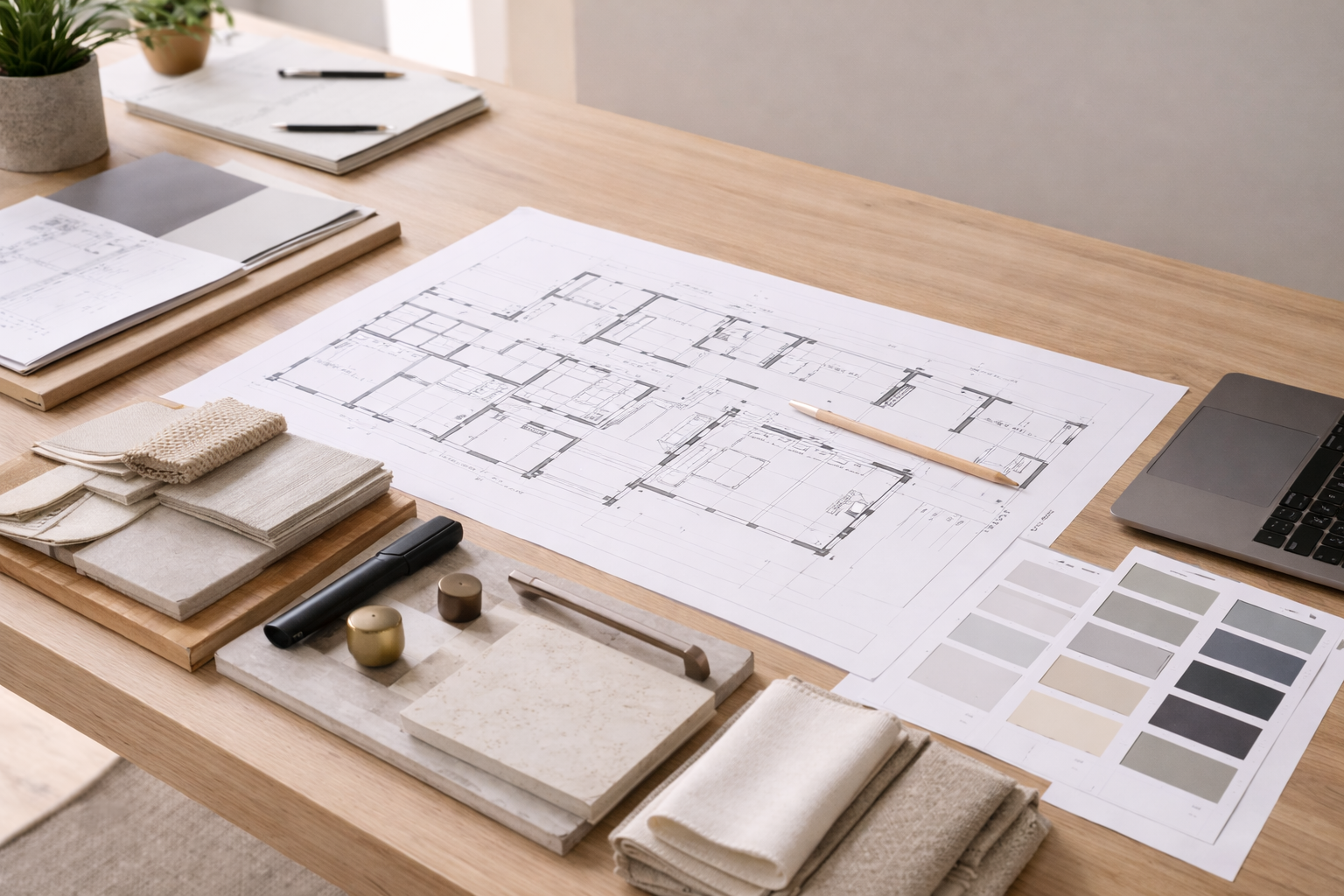 New build floor plan displayed on a table with fabric swatches, tile samples, hardware finishes, and neutral color selections arranged for interior design planning.