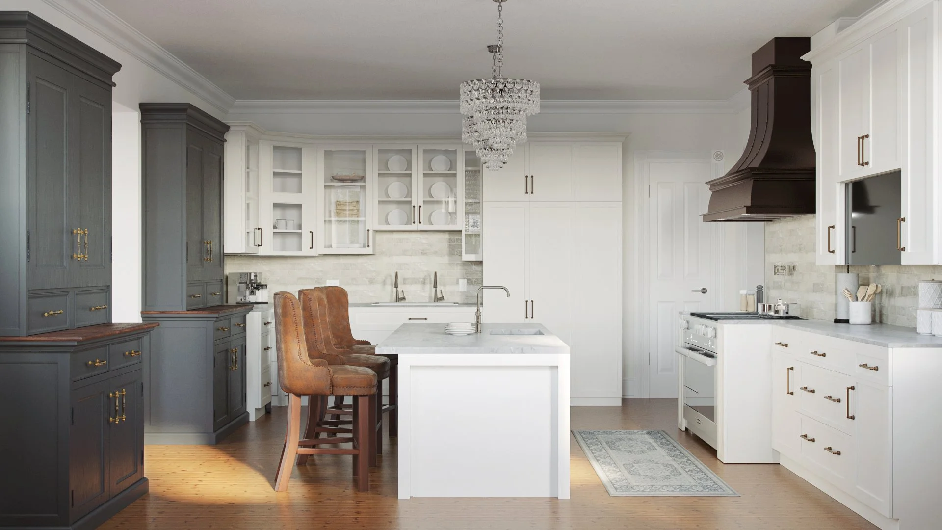 Modern Victorian kitchen designed by virtual interior designer Joshua Jones of JJones Design Co. featuring a crystal chandelier above a white kitchen island with dark cabinetry and brass hardware.