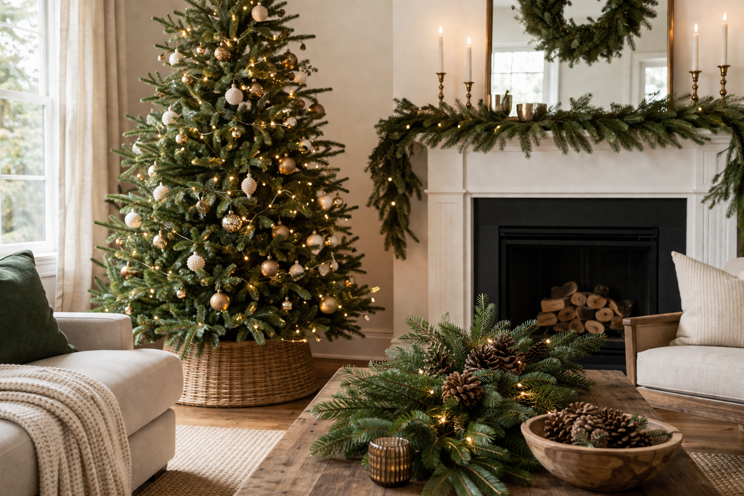 Cozy living room with a real Christmas tree decorated in neutral tones, styled near a fireplace with fresh greenery and soft warm lighting (AI-generated image)