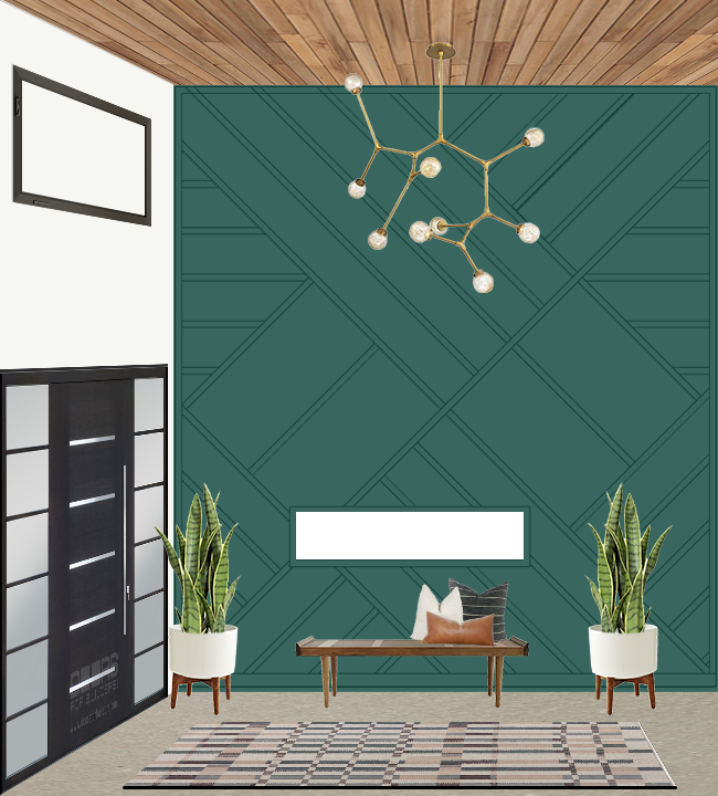 2D rendering of a mid-century modern and industrial foyer with green geometric wall, wood ceiling, bench seating, and potted plants
