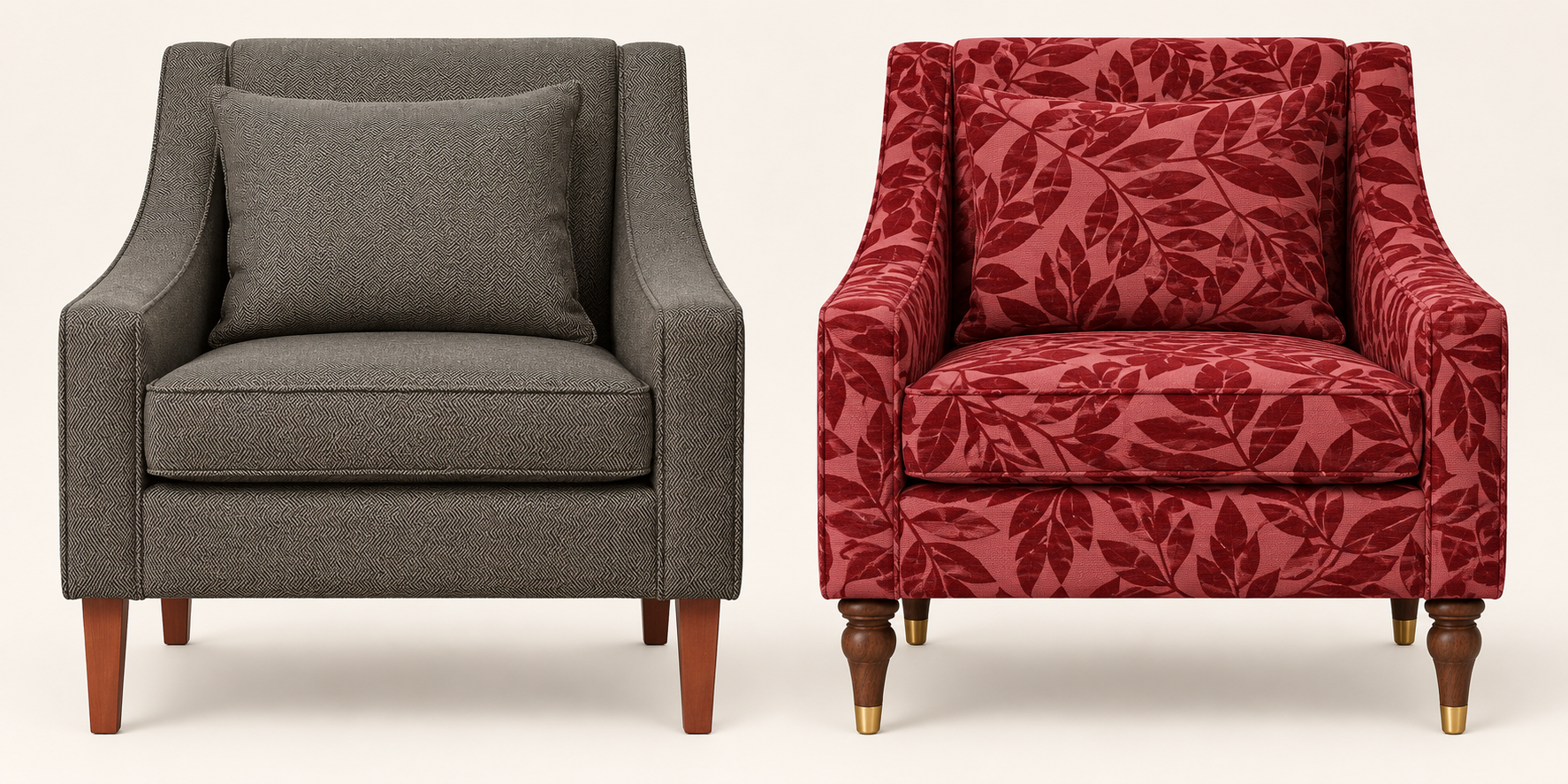 Side-by-side mockup of an IKEA FLINSHULT armchair before and after replacing its gray upholstery with pink and dark red botanical fabric and adding turned wood legs.