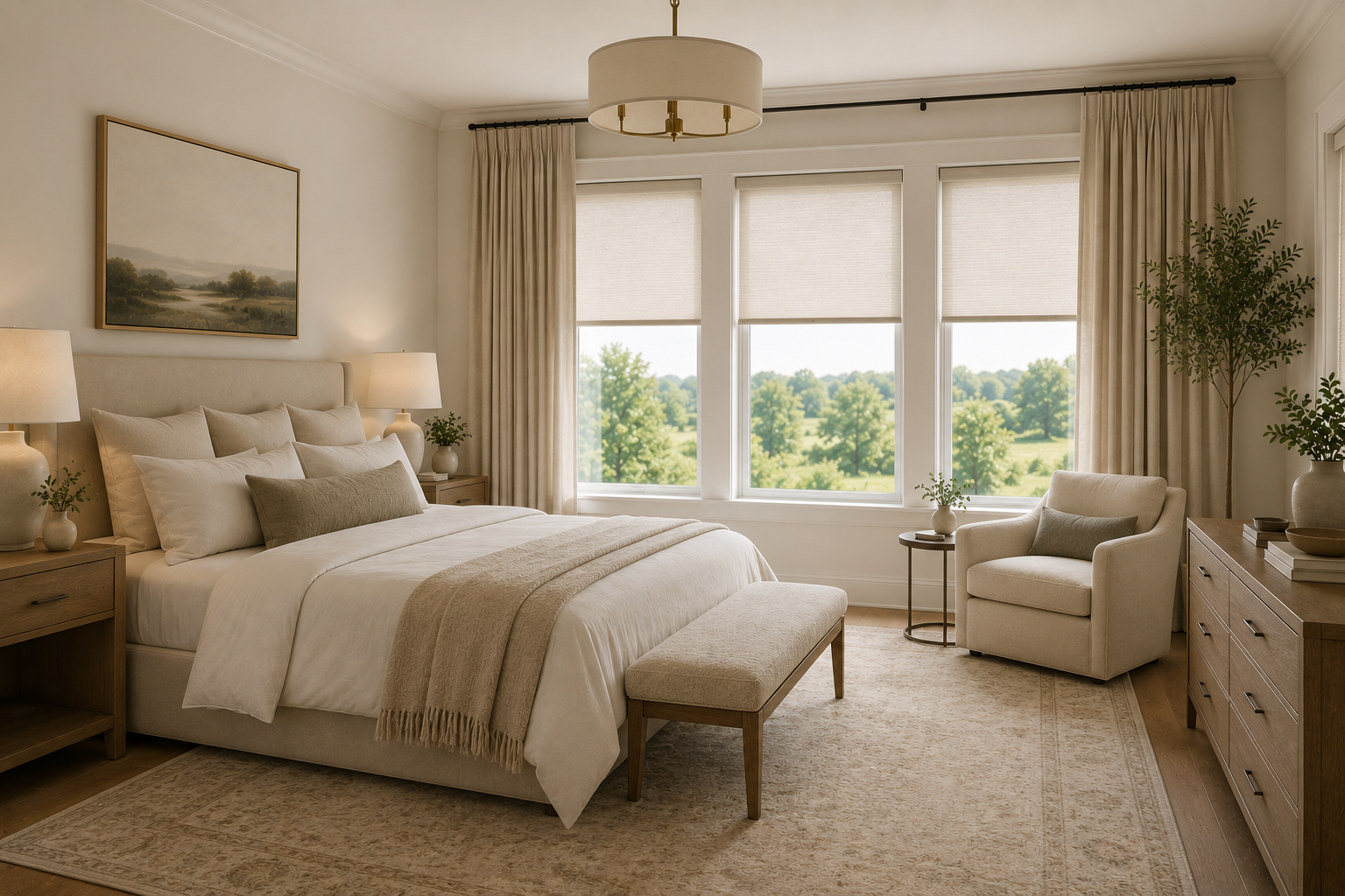 AI-generated modern organic bedroom with neutral furnishings, roller shades, and floor-to-ceiling drapery panels, illustrating a layered window treatment design that balances natural light, privacy, and visual warmth.
