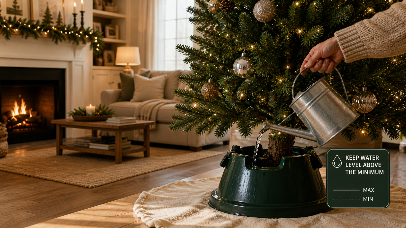 Close-up of a person watering a Christmas tree stand to maintain proper water level, with decorated tree and cozy living room in the background (AI-generated image)