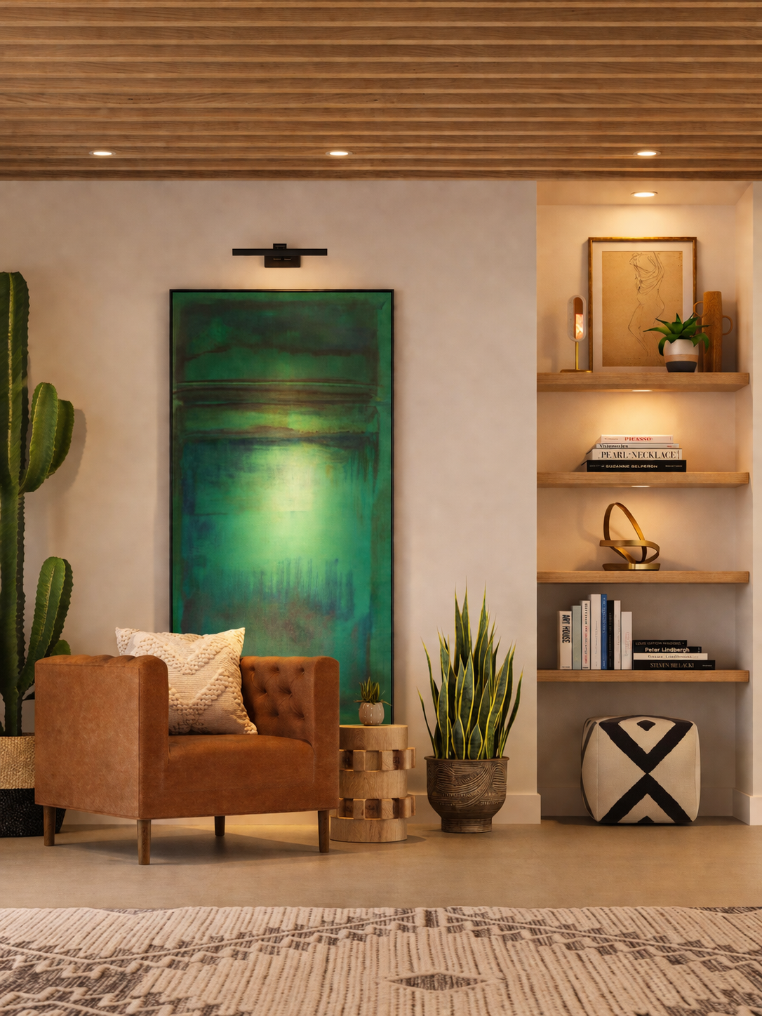 Modern living room with emerald abstract artwork lit by an art light, recessed ceiling lighting between wood beams, and styled shelving niche, demonstrating warm layered lighting design at night.