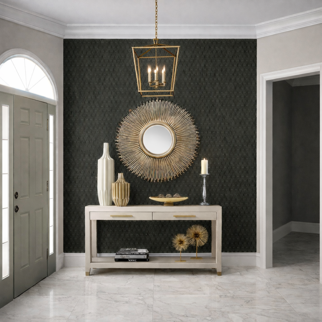 Photorealistic AI rendering of a modern glam foyer designed by Joshua Jones featuring large-format tile flooring, a gold lantern pendant light, sunburst mirror, elegant console table, and dark geometric accent wall