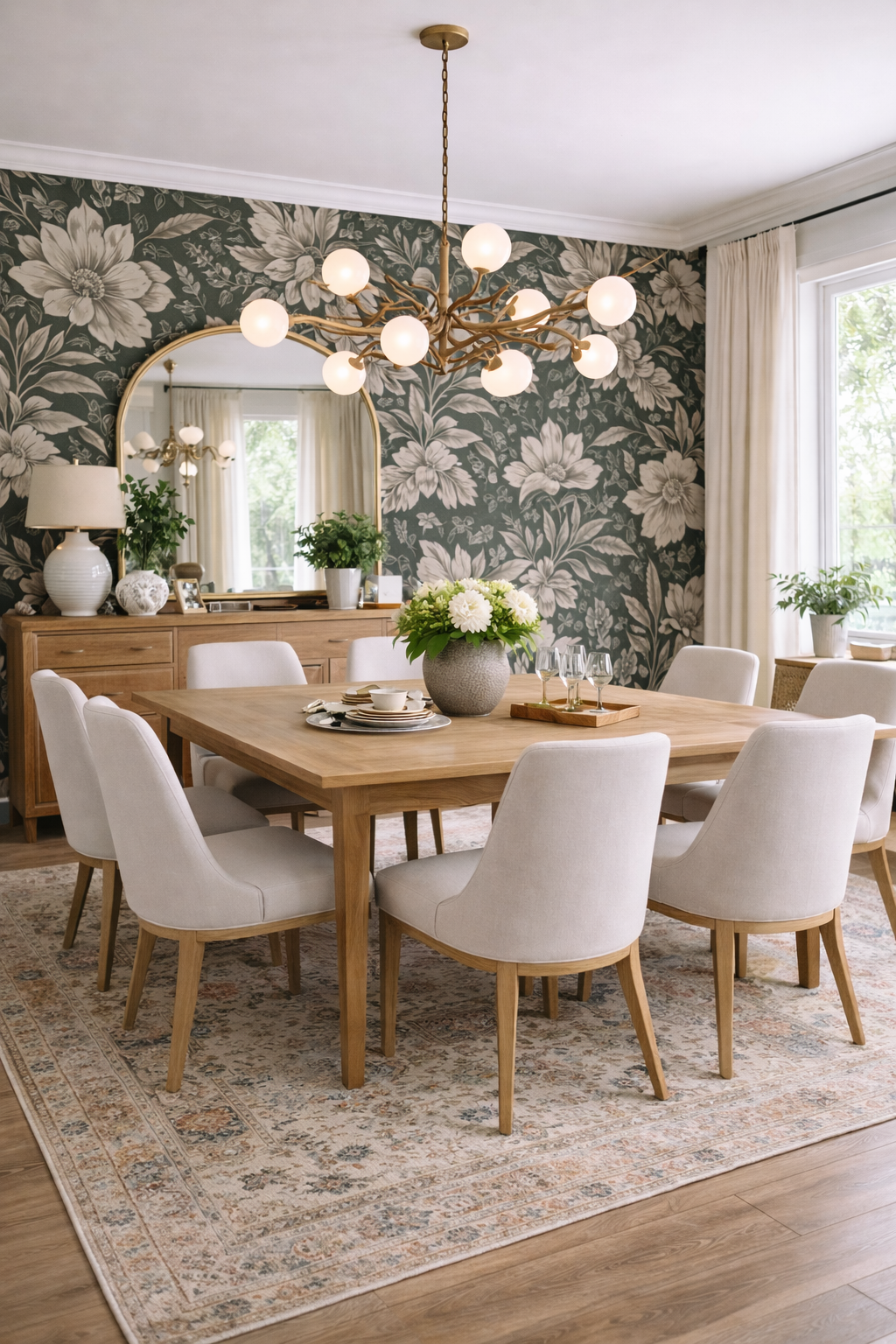 Dining room with bold floral wallpaper accent wall, large gold-framed mirror, wood sideboard, sculptural chandelier, upholstered dining chairs, and a vintage-style rug