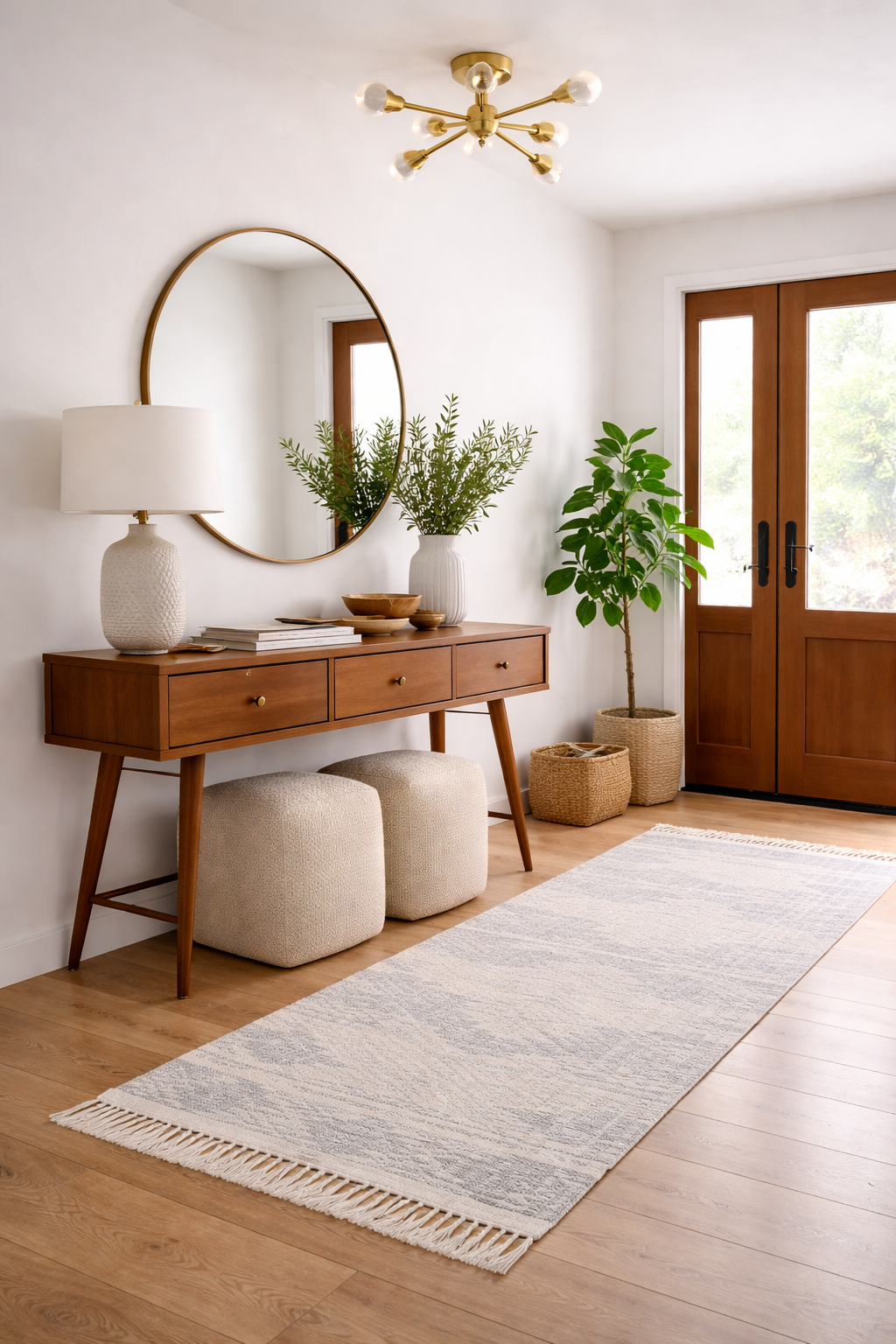 Mid-century modern foyer with wood console table, round mirror, brass sputnik ceiling light, ivory poufs, and neutral runner rug