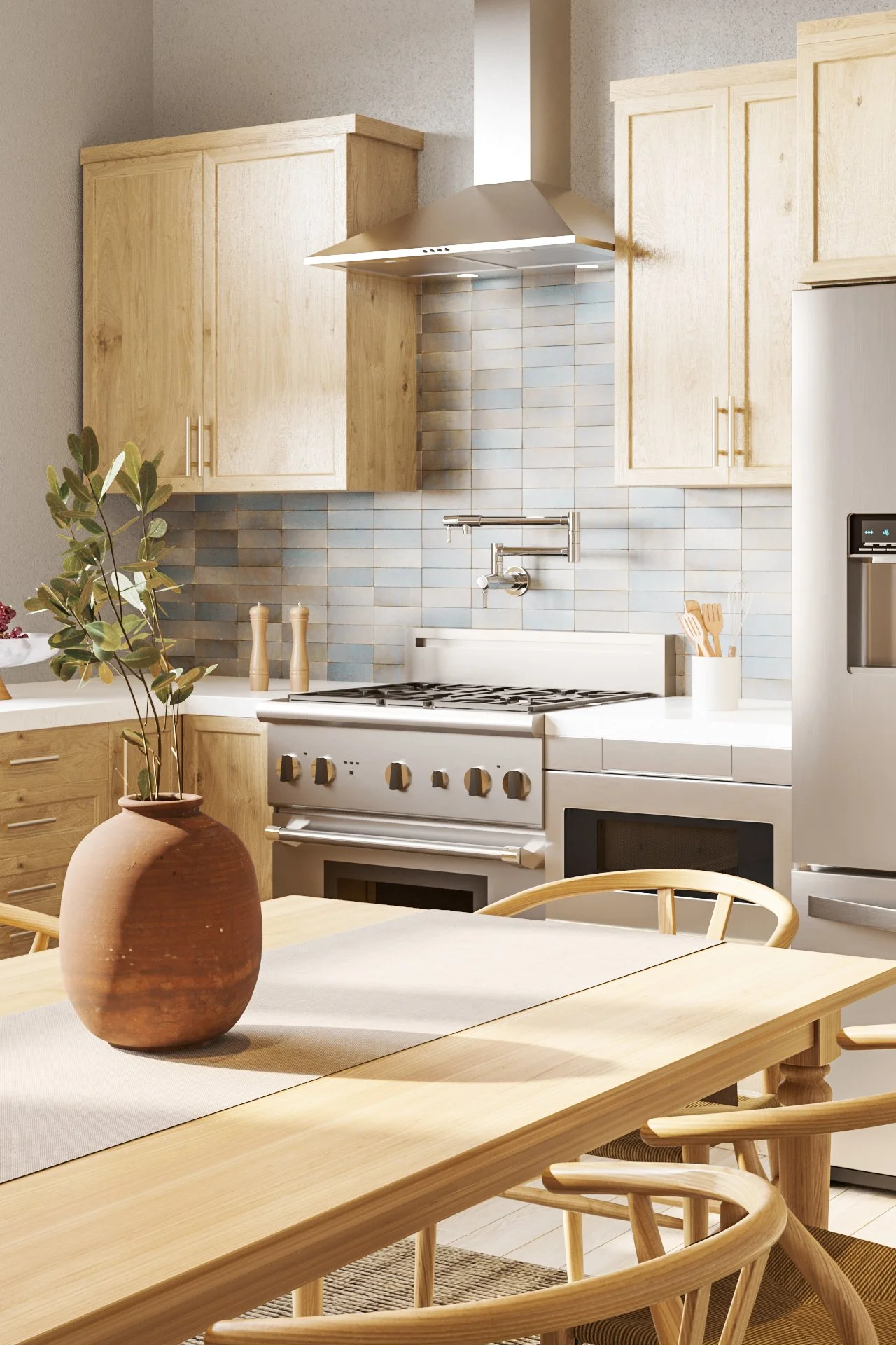Scandinavian-style kitchen with natural wood cabinets, a stainless-steel range, and a wall-mounted pot filler over a blue-gray tile backsplash.