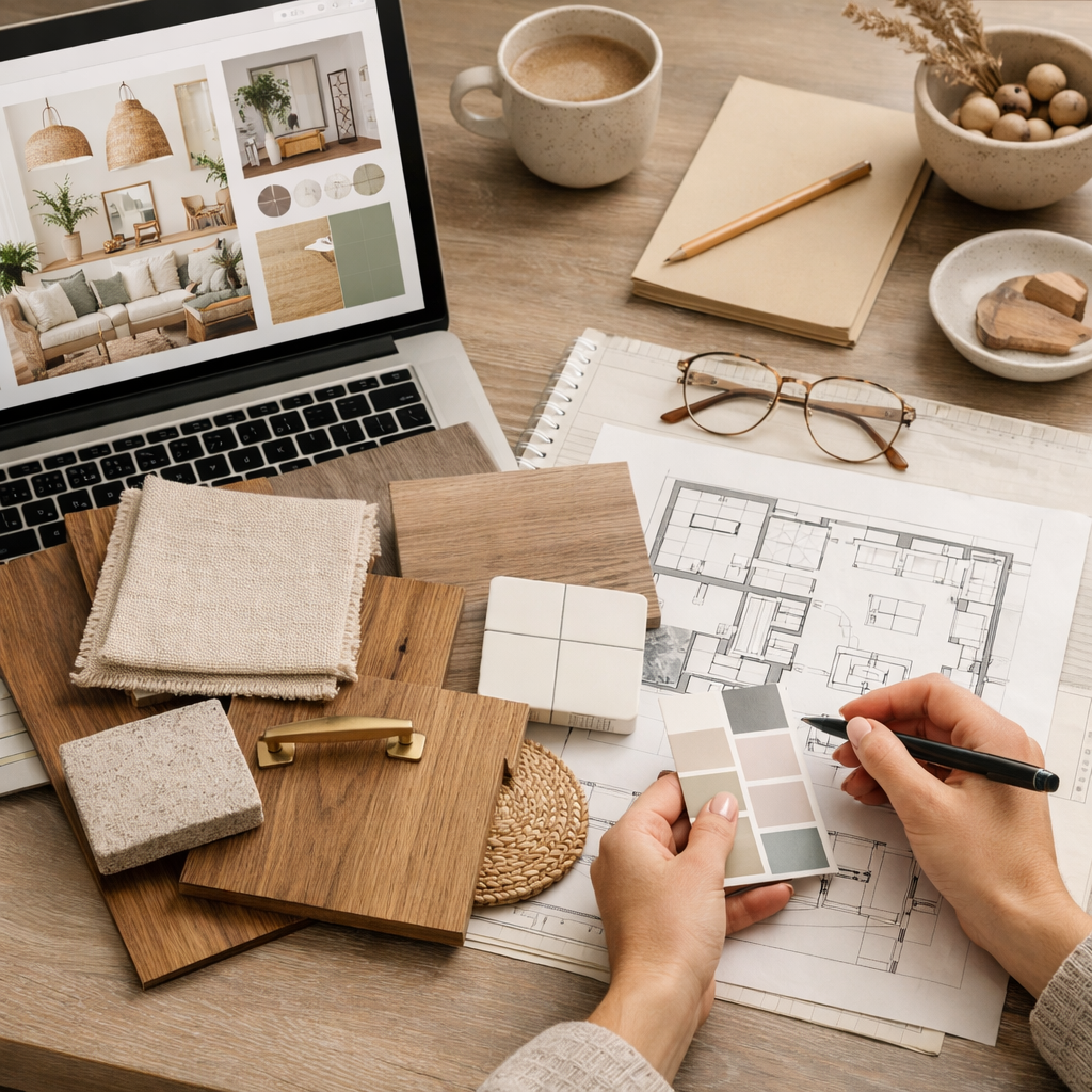 Interior designer workspace showing a mood board on a laptop, material samples including wood, fabric, and tile, a brass hardware piece, and a floor plan being reviewed with color selections in a modern organic style (AI-generated rendering)