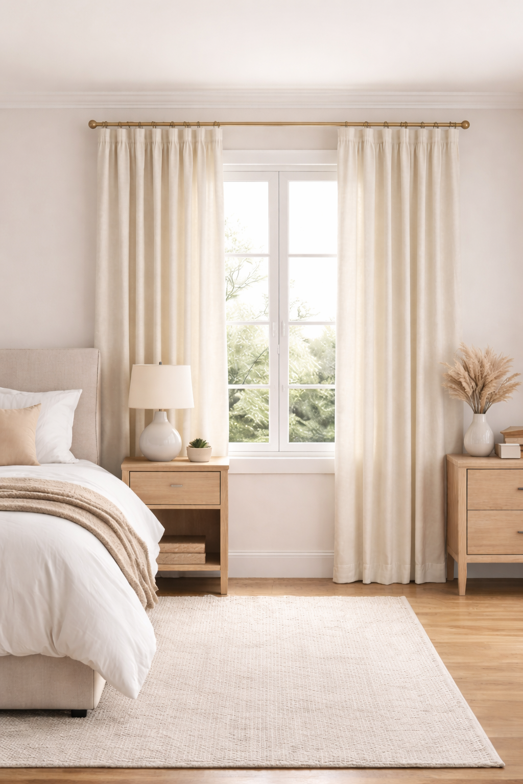 AI-generated 3D rendering of a modern organic bedroom with soft neutral tones, light wood nightstands, textured bedding, and full-length off-white linen drapery panels that gently touch the floor.