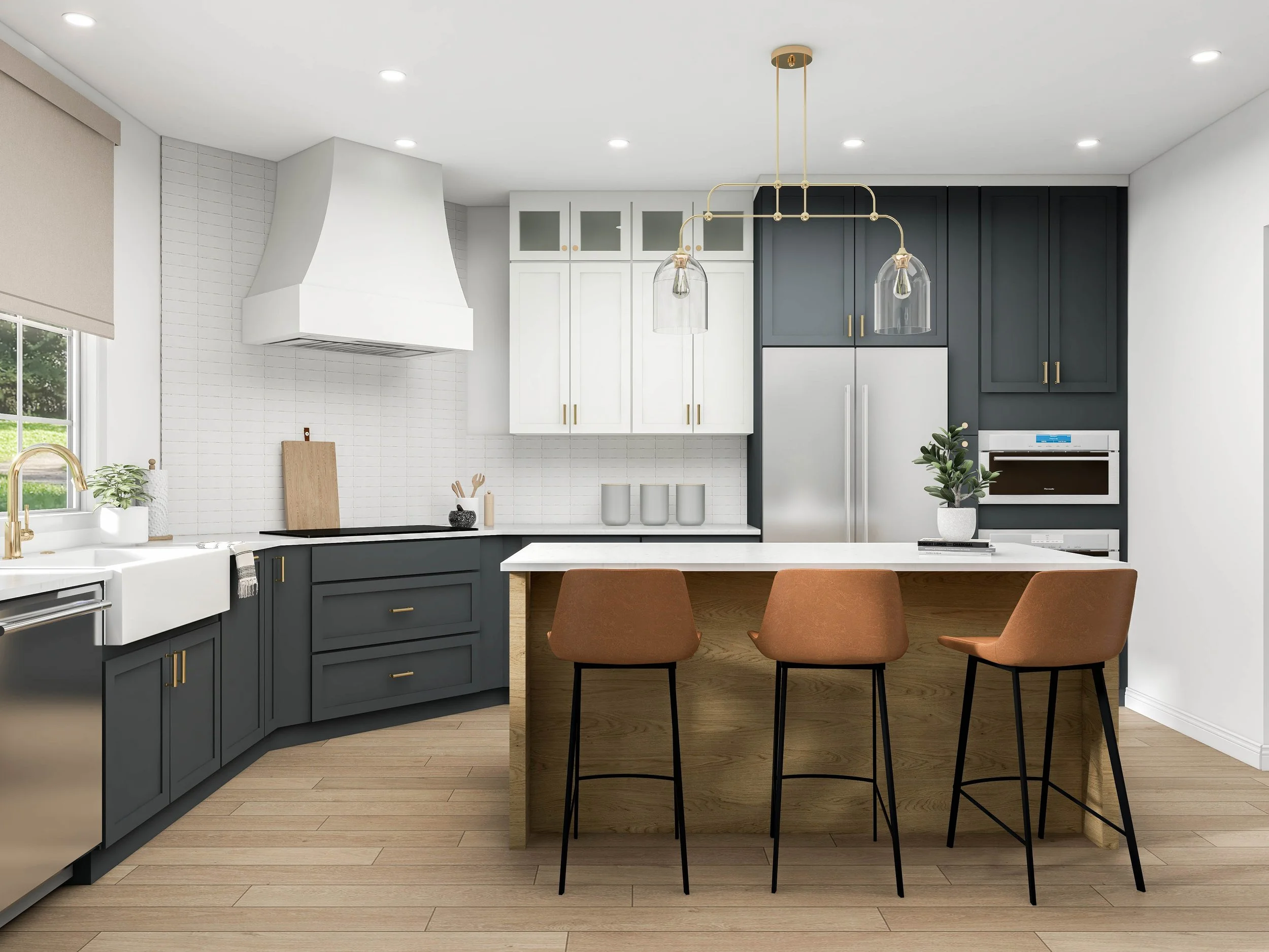 Mediterranean-style kitchen with white countertops, charcoal and white cabinetry, a natural-wood island, brass fixtures, and cognac counter stools.