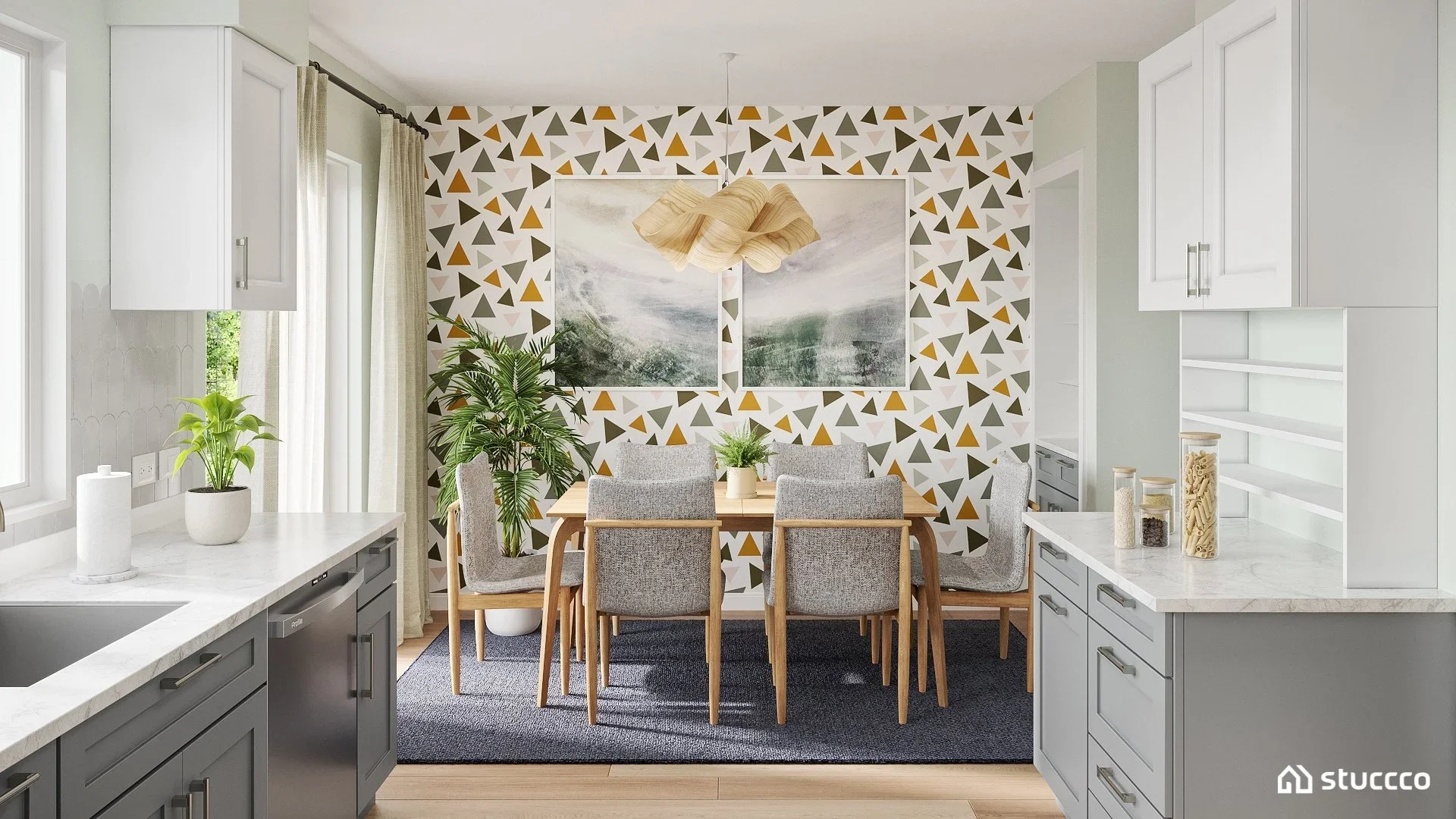 Scandinavian dining room and kitchen with light wood dining table, upholstered chairs, geometric wallpaper accent wall, neutral cabinetry, and soft natural lighting, designed by virtual interior designer Joshua Jones with 3D rendering by Stuccco.