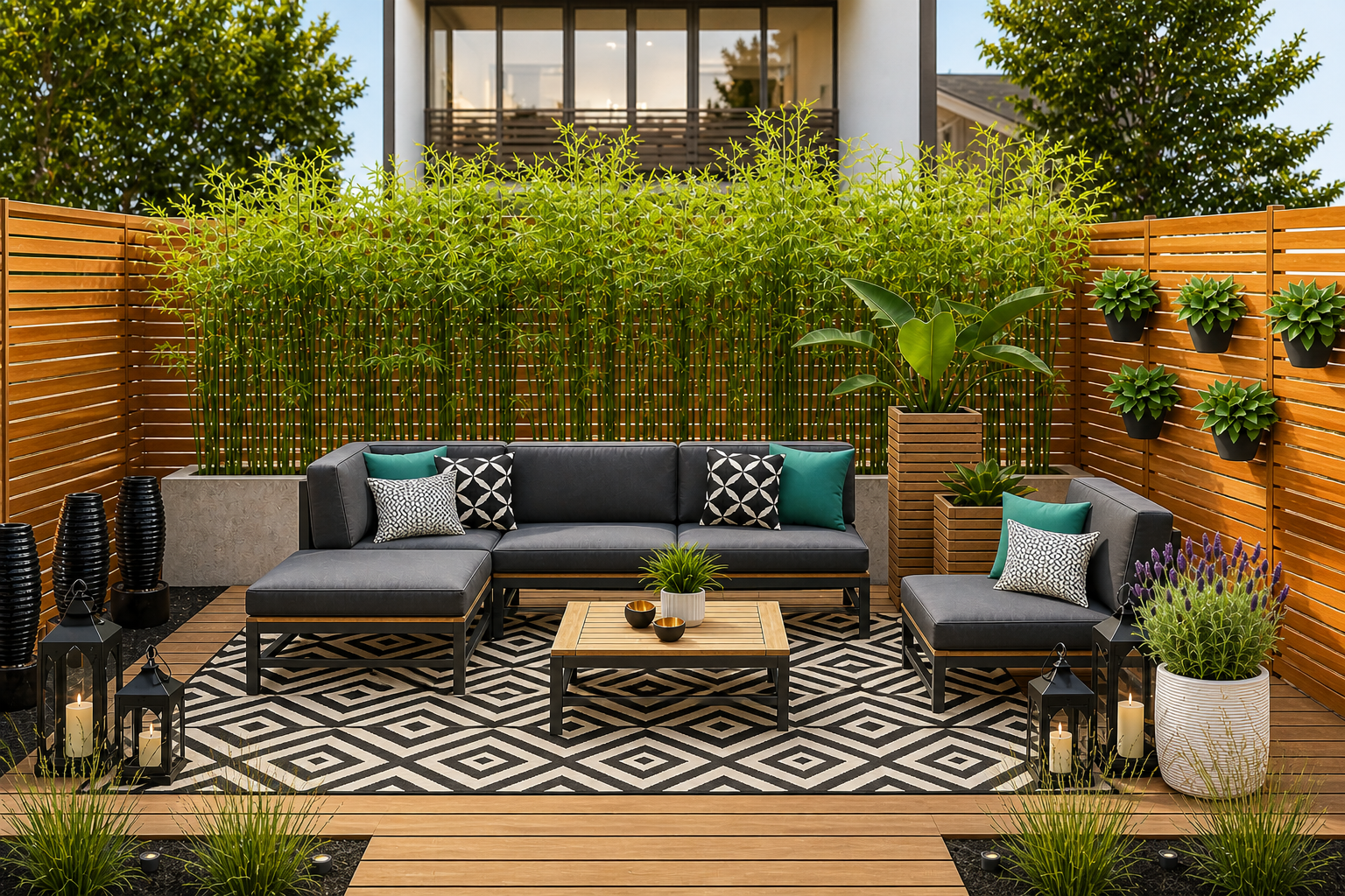 Modern outdoor patio with sectional seating, wood decking, bamboo privacy screen, and a geometric outdoor rug defining the lounge area