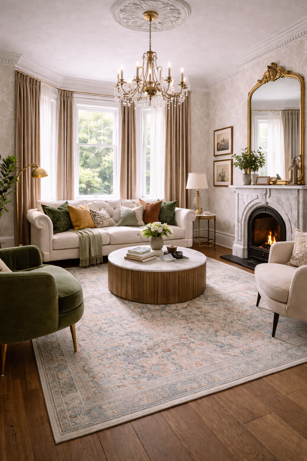 Modern Victorian living room with bay window, drapery panels, subtle patterned wallpaper, tufted sofa, marble fireplace, vintage-style rug, brass chandelier, and hardwood flooring