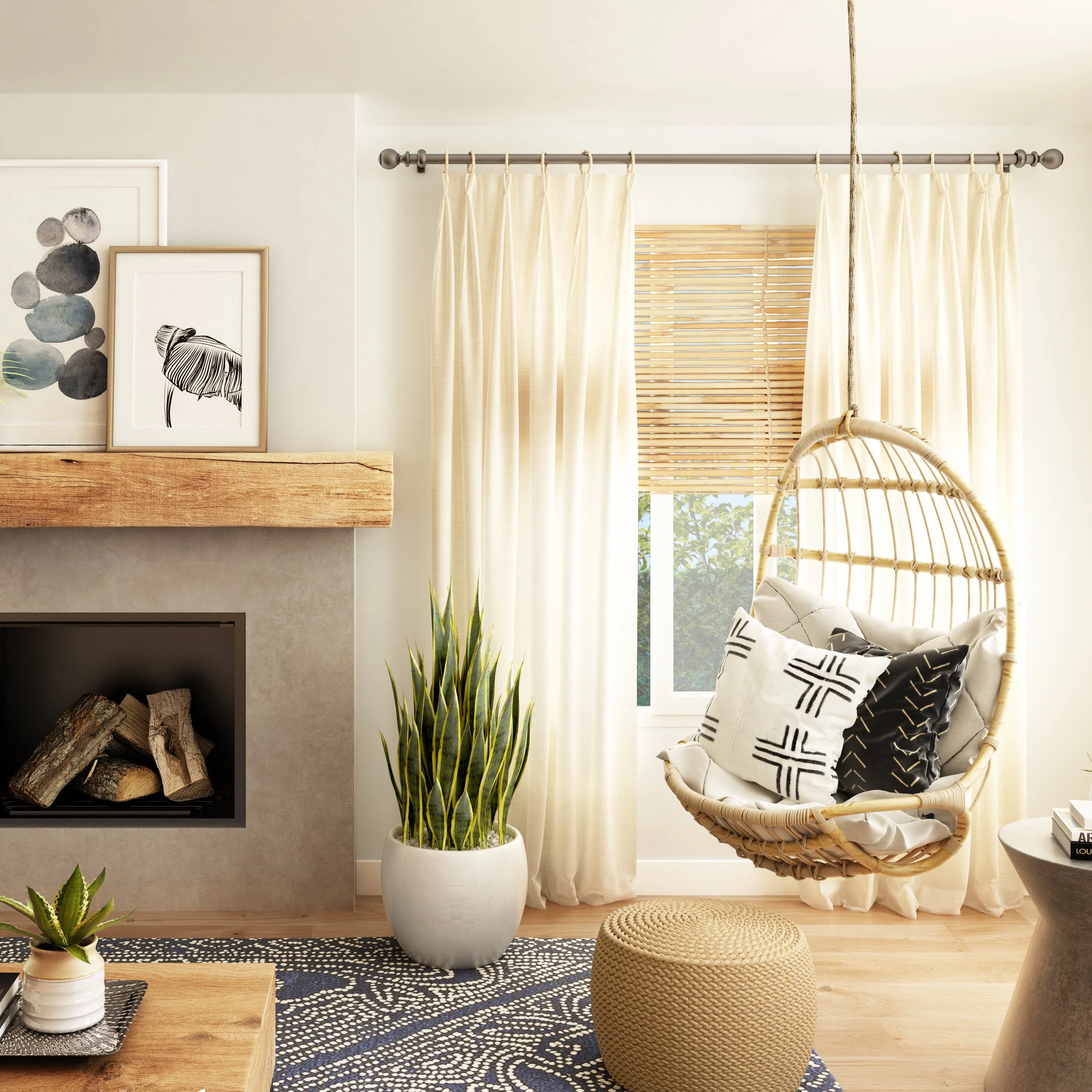 3D rendering of a California Casual living room featuring cream ring-top drapery panels on a decorative metal rod, woven hanging chair, natural wood blinds, fireplace, light wood flooring, and layered natural textures.