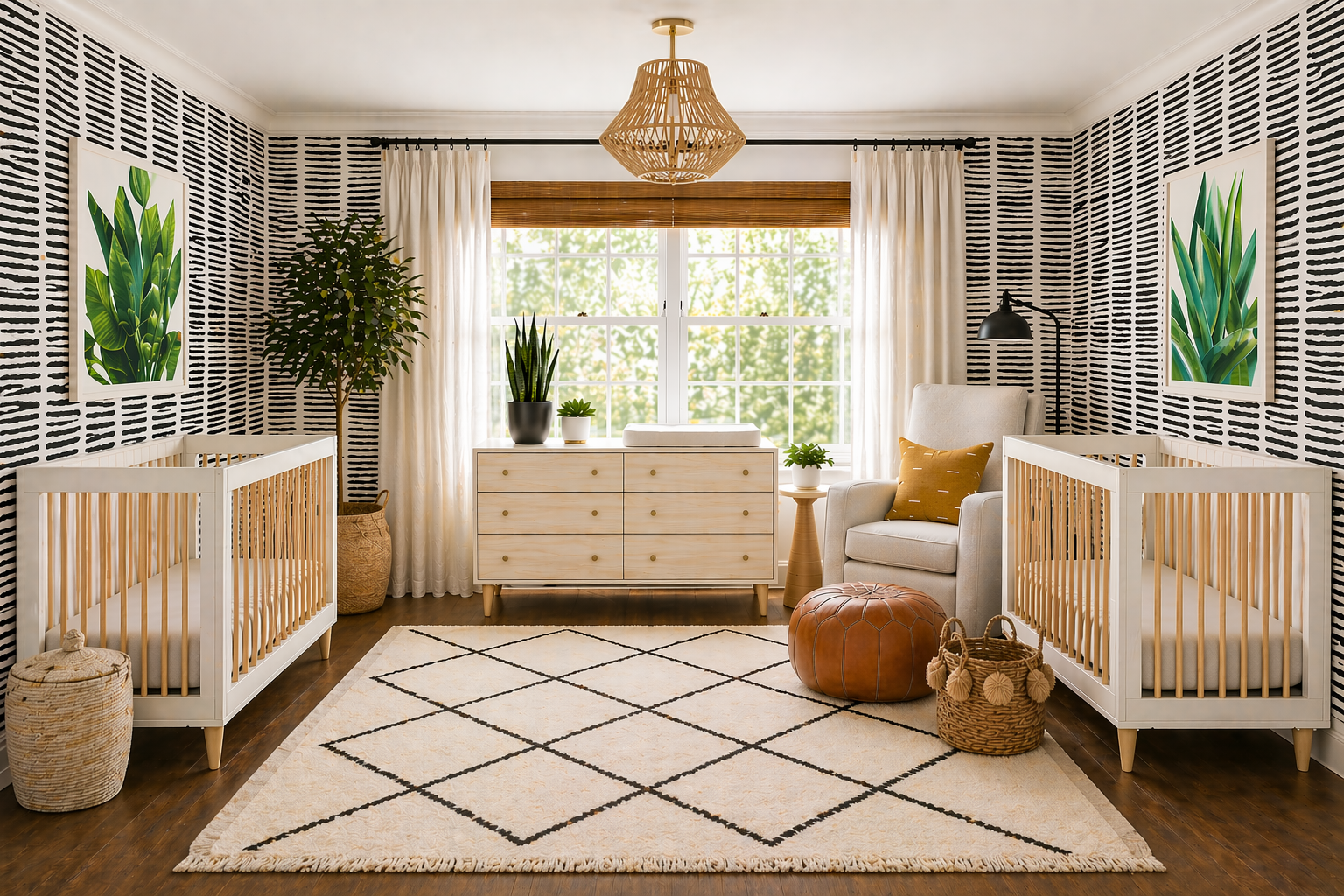 Modern boho twin nursery designed by virtual interior designer Joshua Jones of JJones Design Co. with two cribs, black patterned wallpaper, neutral rug, wood dresser, and symmetrical layout.