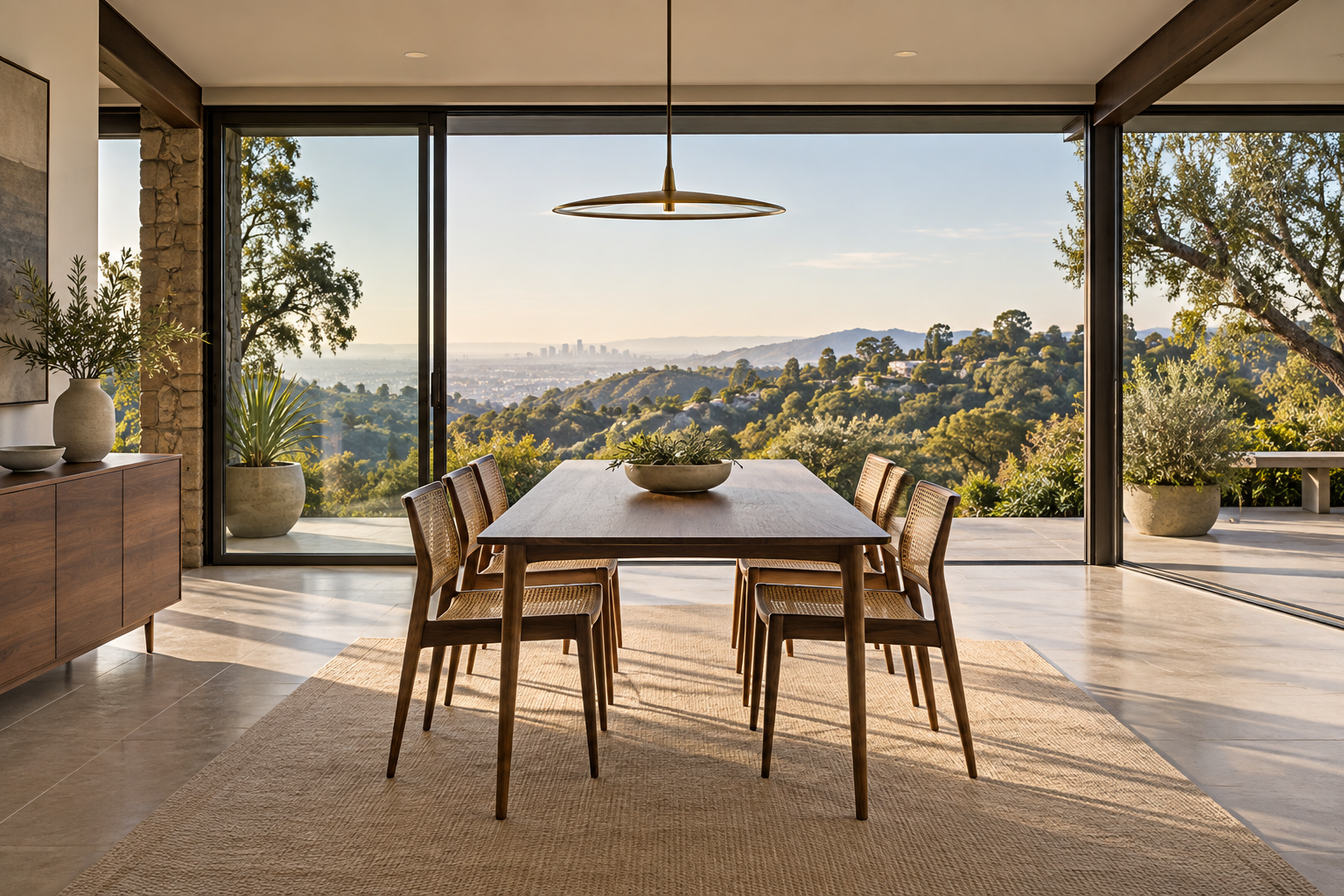 Mid-century modern dining room with a slim walnut table, low cane-back chairs, and floor-to-ceiling glass doors overlooking green hills.