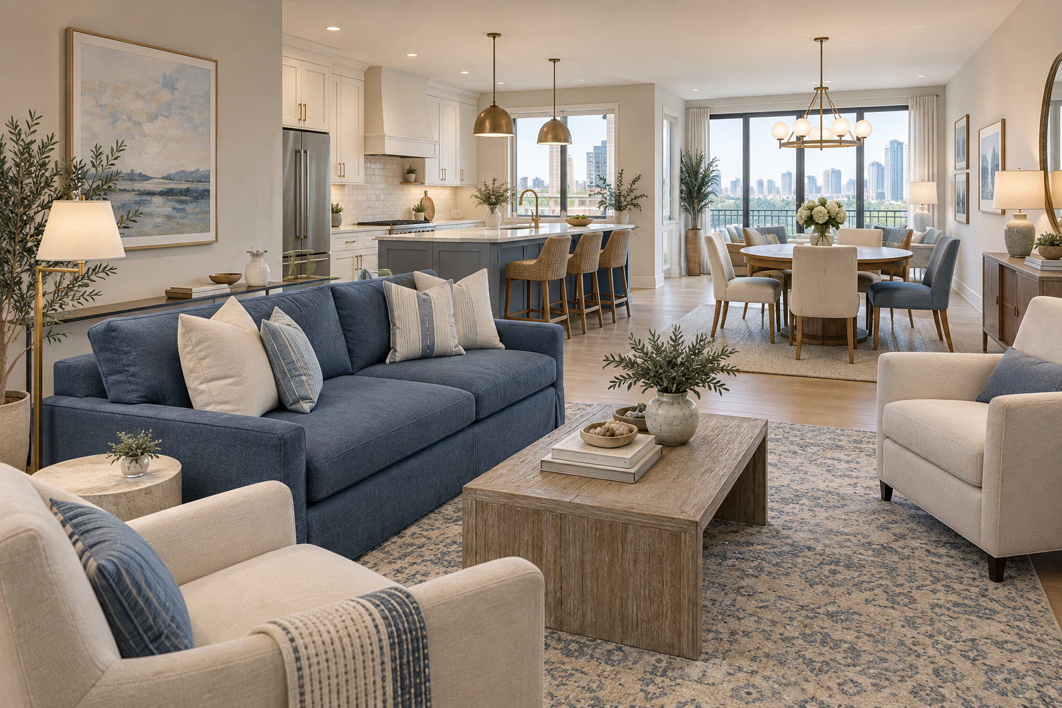 Open-concept condo with a blue sofa, ivory chairs, patterned area rug, round dining table, and slate-blue kitchen island defining separate living areas.