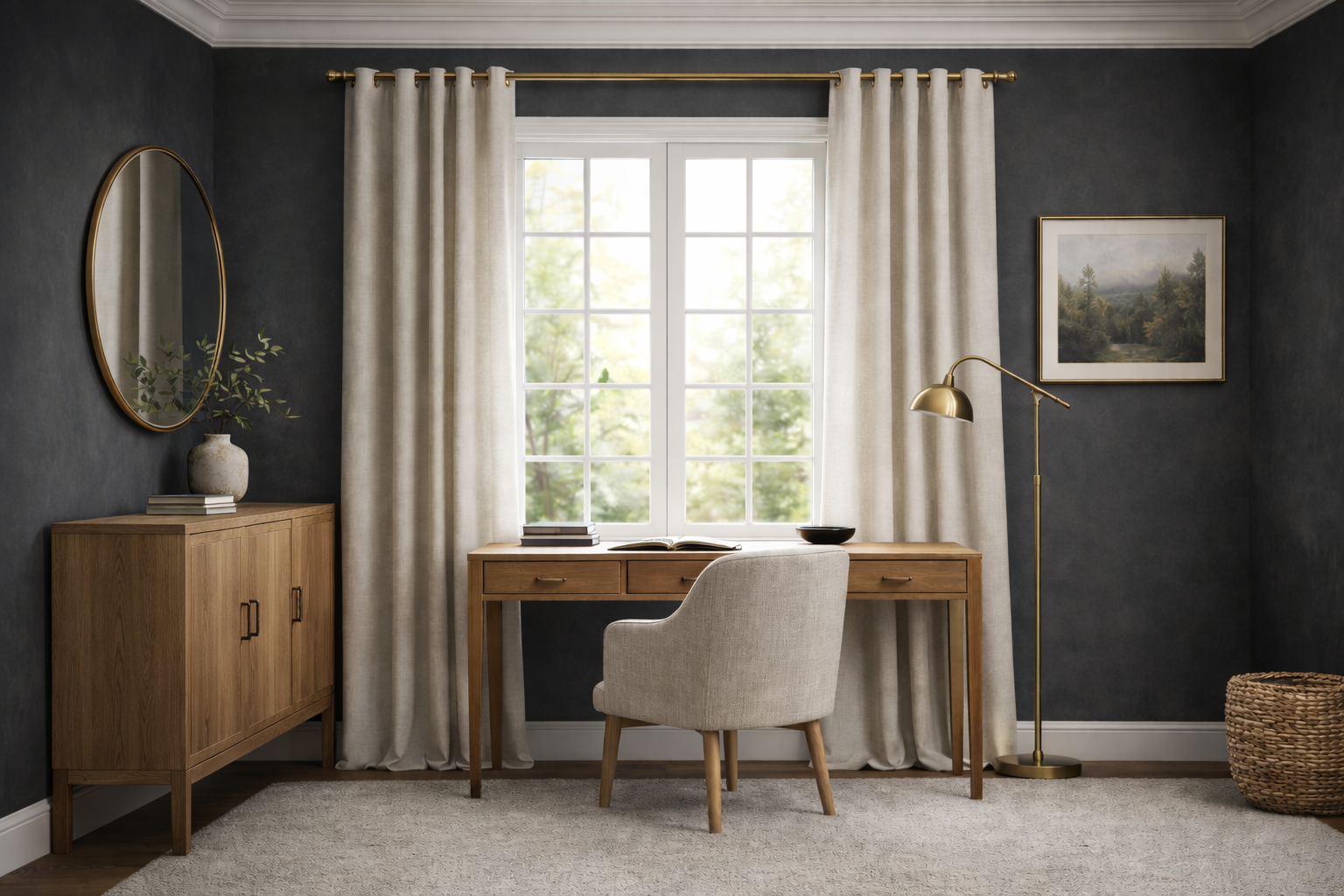 AI-generated modern organic home office with moody charcoal walls, natural linen curtains hung high below crown molding, and floor-length panels that gently touch the floor for a tailored look.