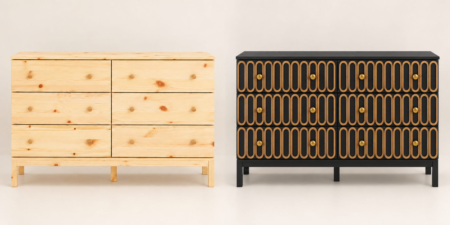 Side-by-side mockup of an unfinished pine IKEA TARVA six-drawer dresser and a black version with thin natural oak oval overlays and brass knobs.