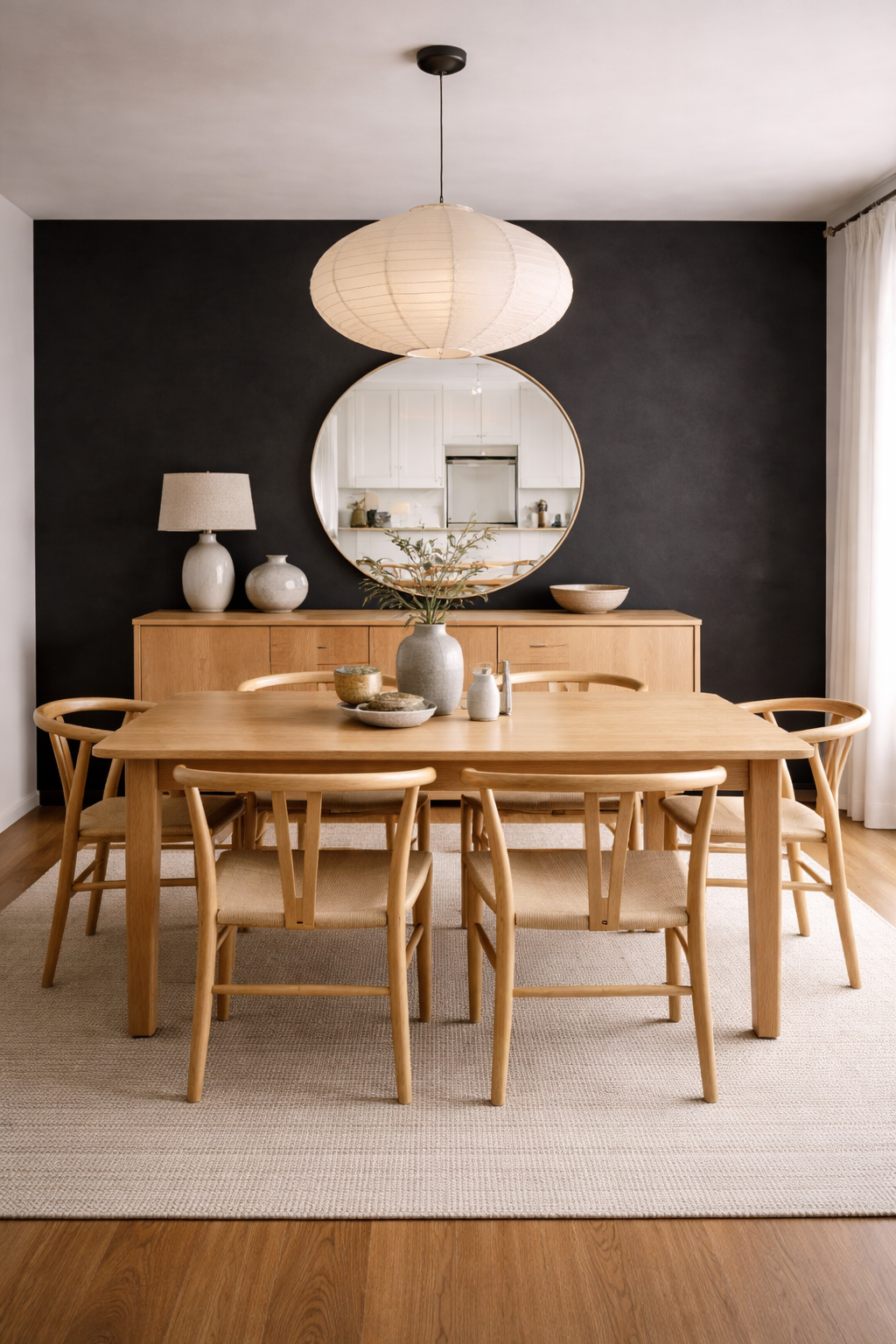 AI-generated Scandinavian dining room with black accent wall, round mirror reflecting kitchen, light oak dining table, wishbone chairs, and minimalist wood sideboard