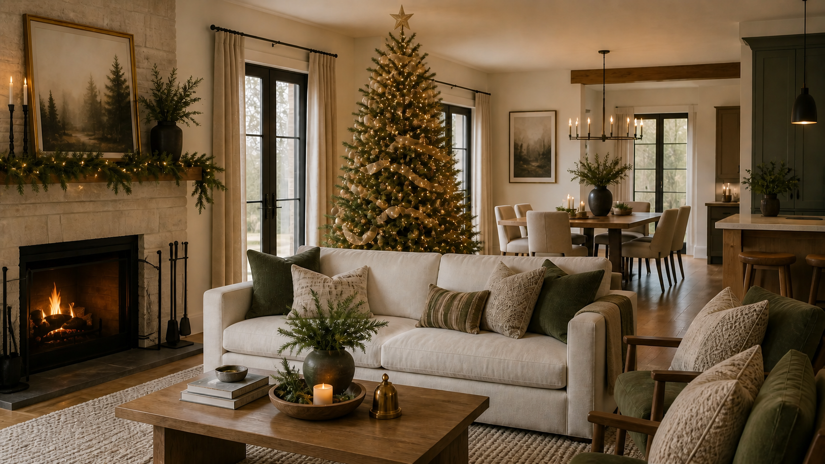 Open-concept living room with a fully decorated Christmas tree featuring ornaments, ribbon, and a star topper placed behind a sofa near a fireplace and dining area (AI-generated image)