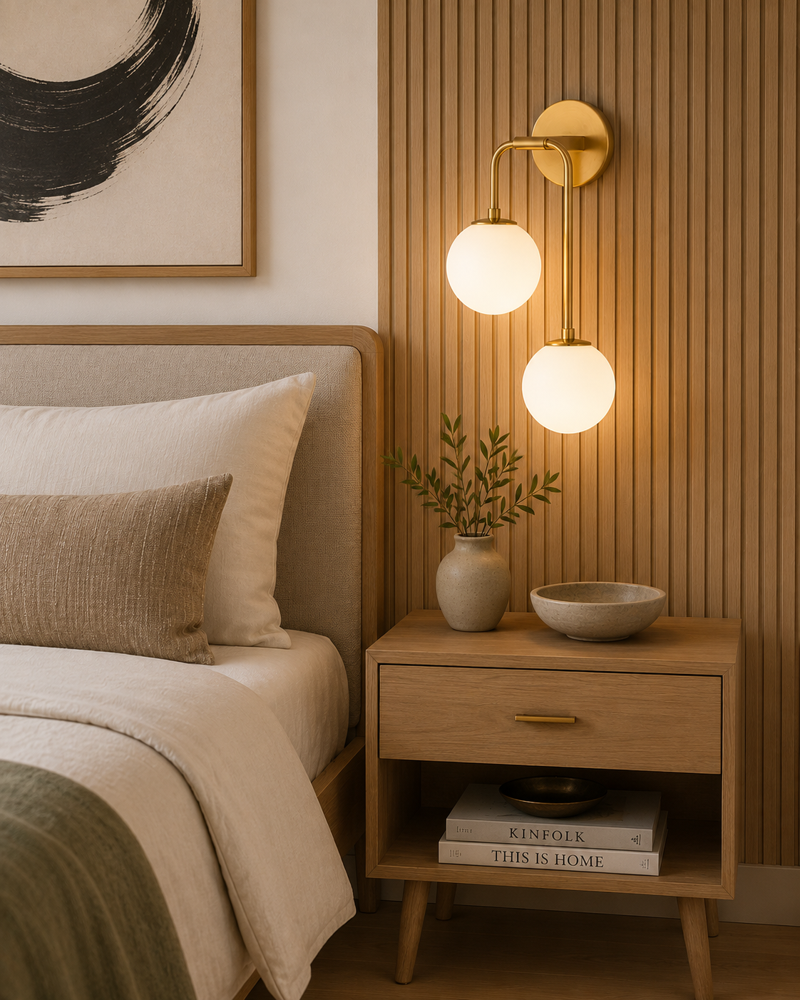 Japandi bedroom with brass double-globe wall sconce, natural wood slat accent wall, upholstered bed, wood nightstand, and neutral bedding. AI-generated image styled by Joshua Jones of JJones Design Co.