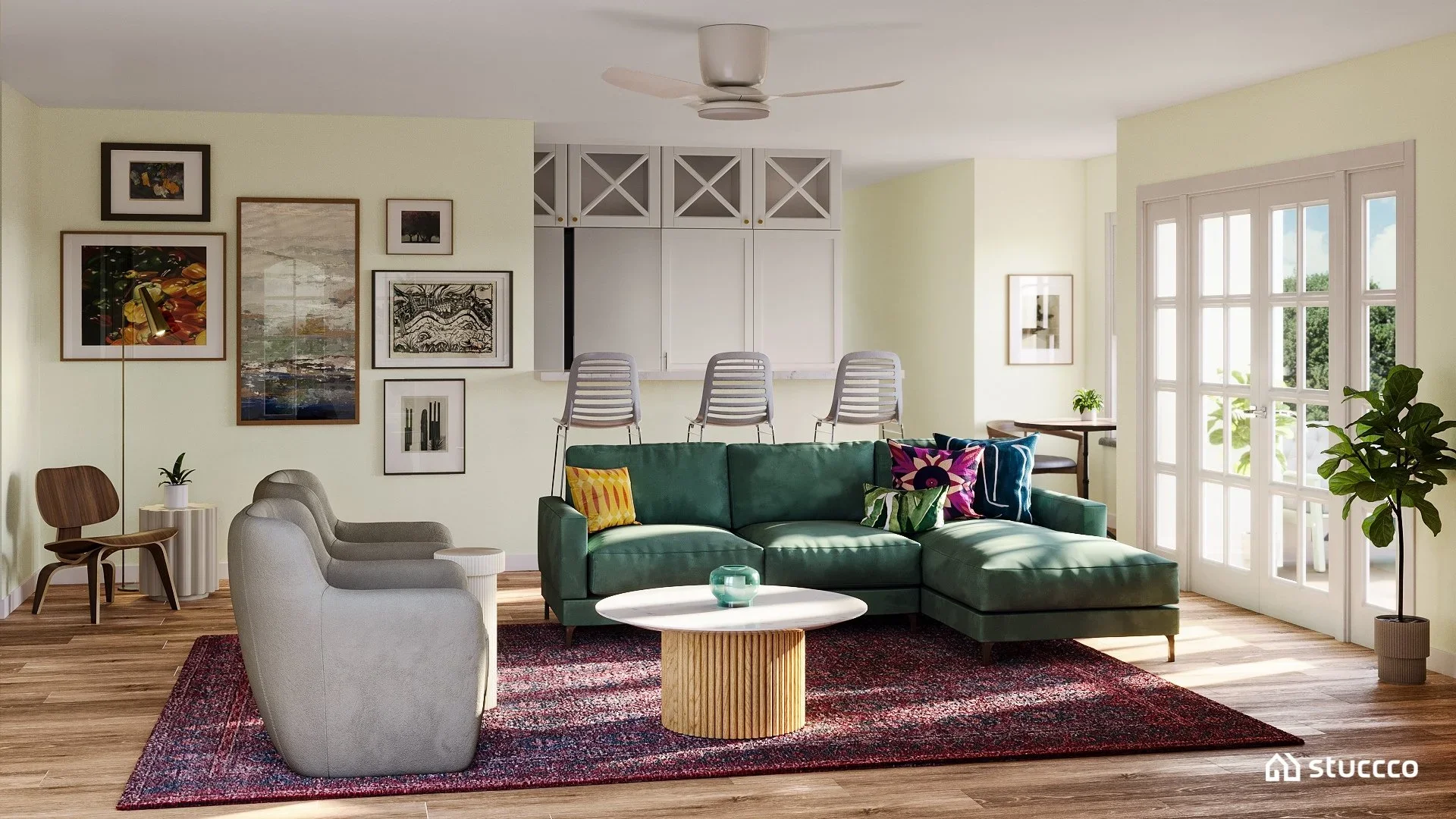 Mid-century modern family room with green sectional sofa, burgundy rug, modern lounge chairs, gallery wall art, and kitchen bar in background. Interior design by Joshua Jones of JJones Design Co., 3D rendering by Stuccco.