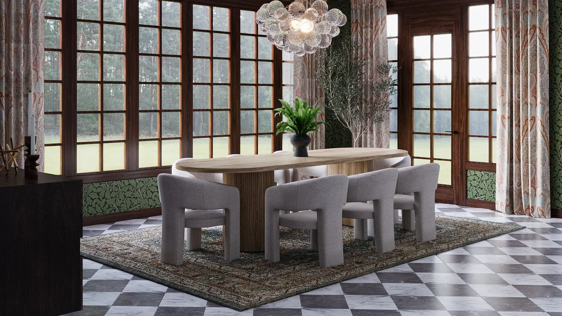3D rendering of a modern organic and eclectic luxury dining room designed by Joshua Jones featuring black and white checkerboard tile flooring, a sculptural wood dining table, upholstered chairs, large windows, and patterned drapery