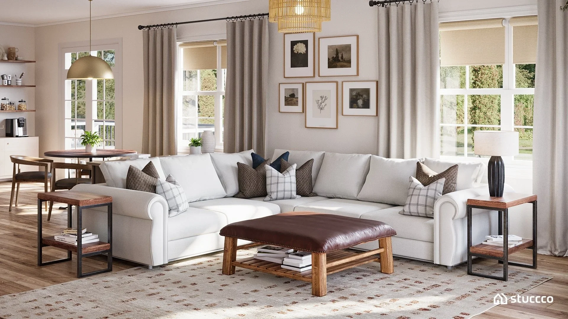 eclectic rustic family room with sectional sofa, wood coffee table, layered textiles, and open layout connecting to breakfast nook, designed by Joshua Jones