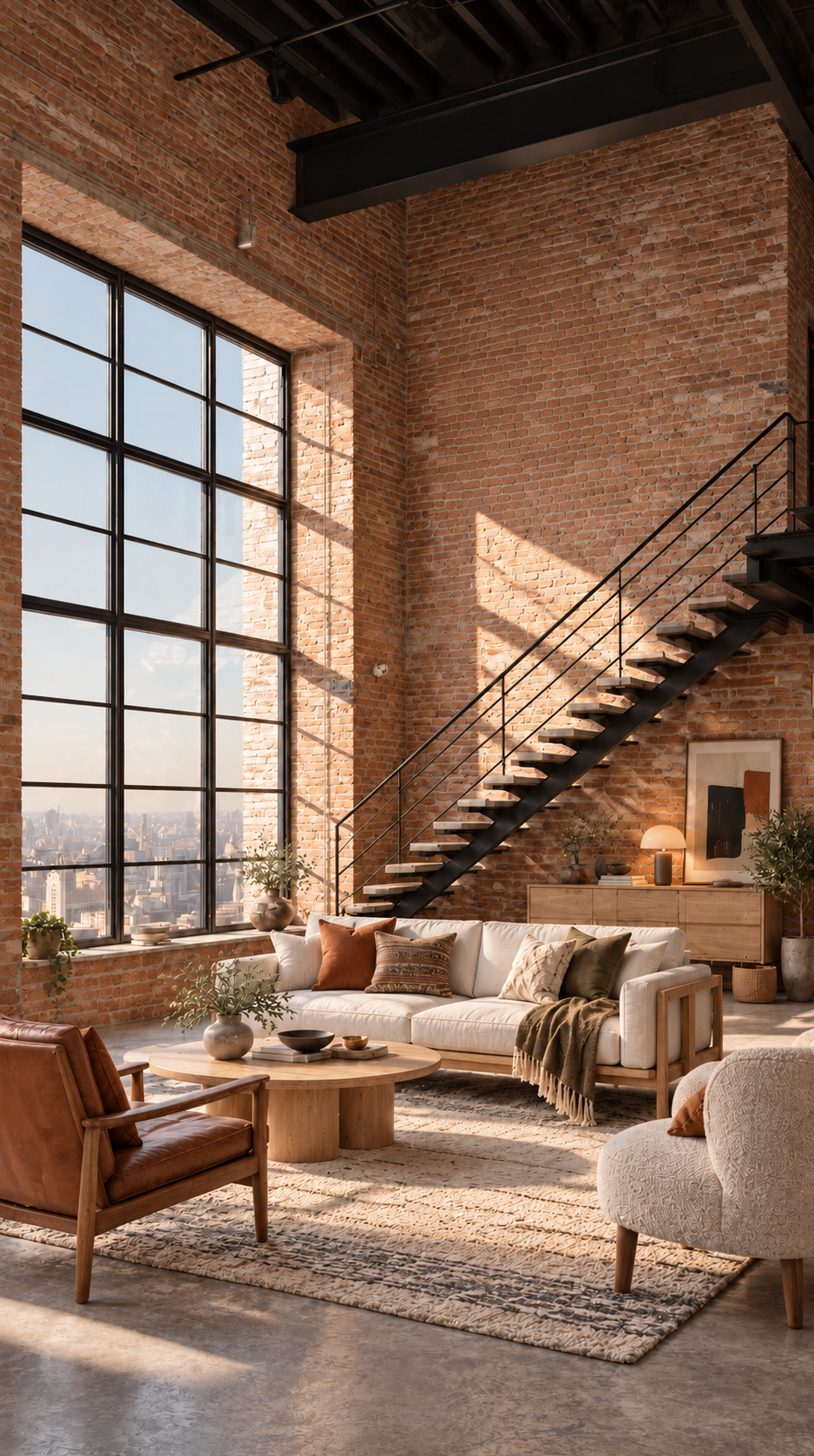 Chicago industrial loft with exposed brick walls, large factory windows, Scandinavian furniture, and a decorated space beside an open metal staircase.