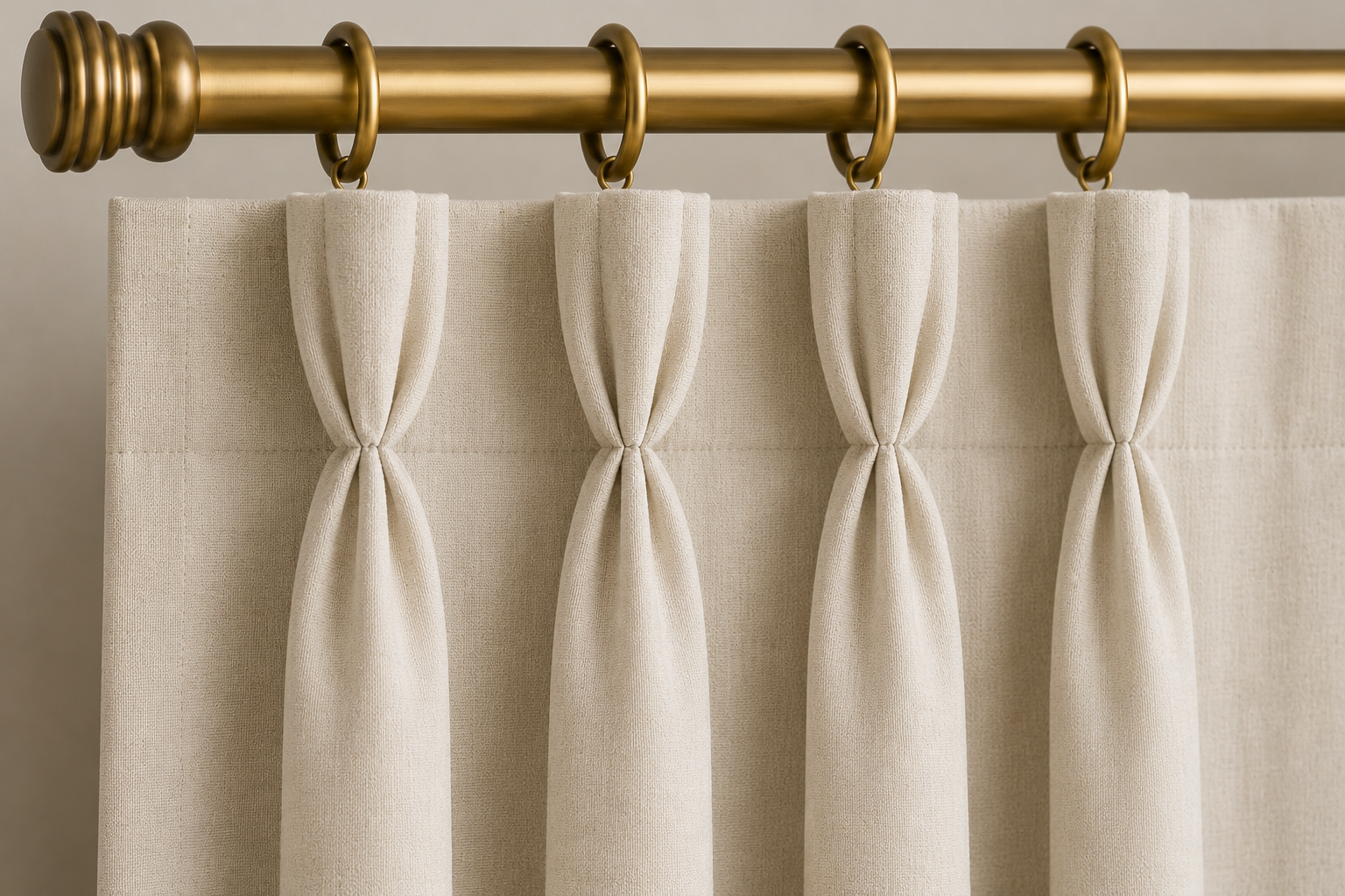 Close-up AI rendering of a cream goblet pleat drapery header attached to decorative curtain rings on an antique brass drapery rod, showing the rounded pleat construction that resembles the shape of a goblet.