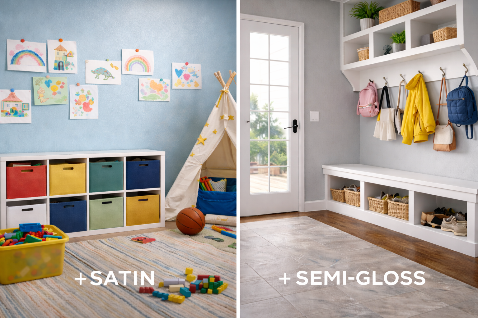 AI-generated side-by-side interior illustration showing satin paint used in a colorful playroom-style space and semi-gloss paint used in a modern mudroom with built-in bench and storage, demonstrating durable paint finishes for high-traffic areas.