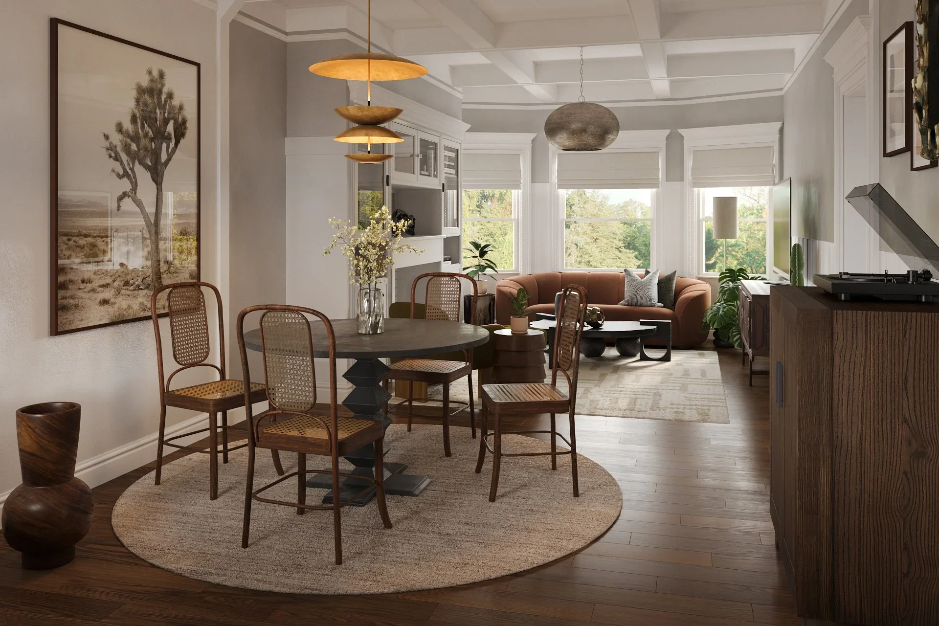 Modern brutalist dining and living room interior design by virtual interior designer Joshua Jones of JJones Design Co featuring sculptural furniture, warm wood tones, and layered textures.