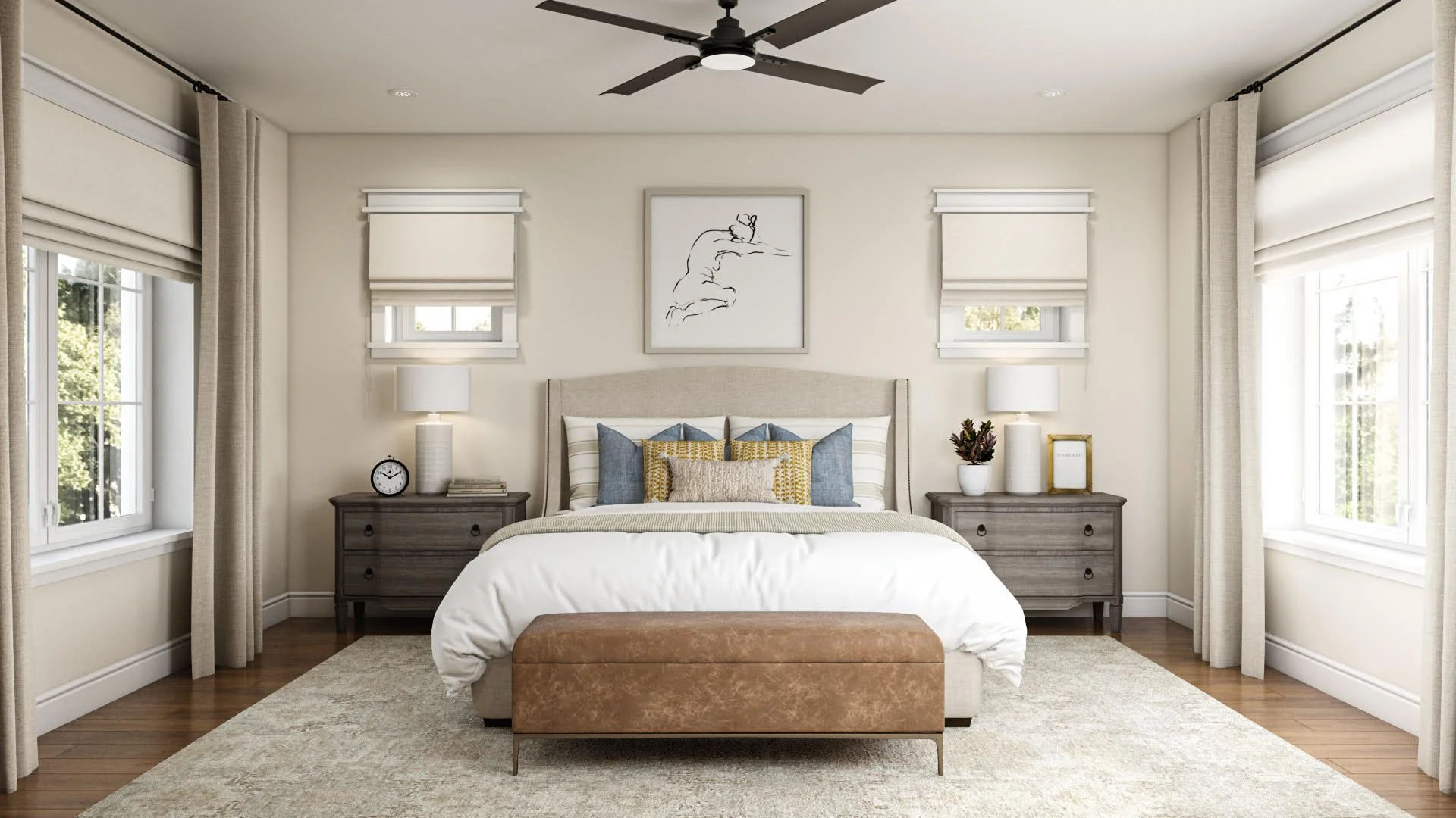 Transitional primary bedroom with a large area rug placed under the bed, demonstrating proper bedroom rug placement and scale.