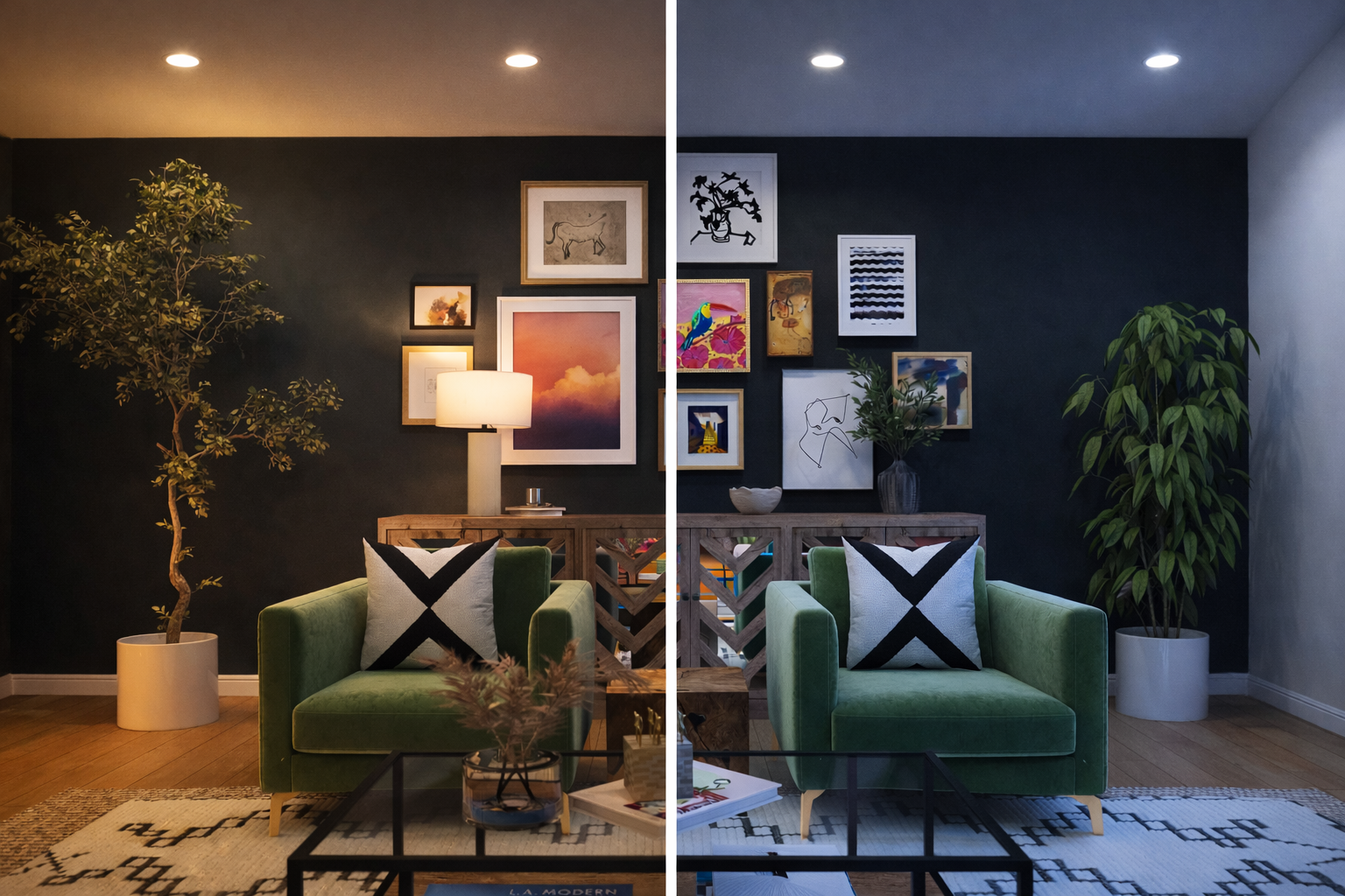 Split image of a colorful living room at night showing warm and cool lighting to demonstrate how light temperature affects color appearance.