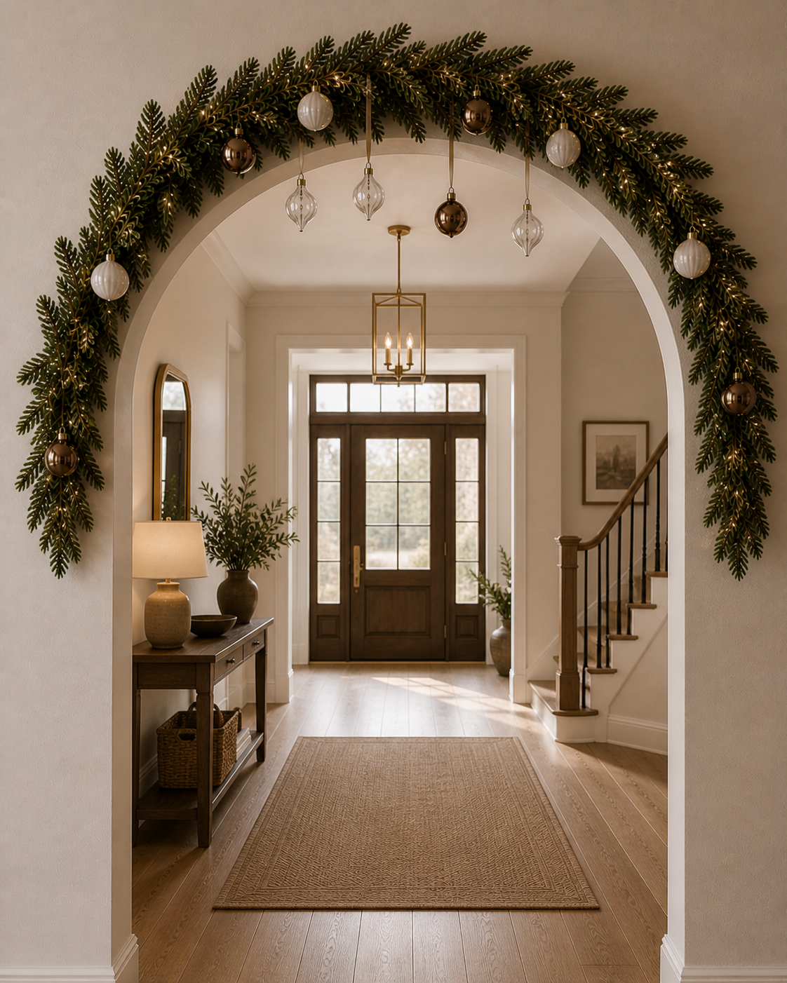 Neutral foyer entryway framed by an arched doorway decorated with evergreen garland and a mix of white, glass, and bronze Christmas ornaments hanging at varying heights (AI-generated image)