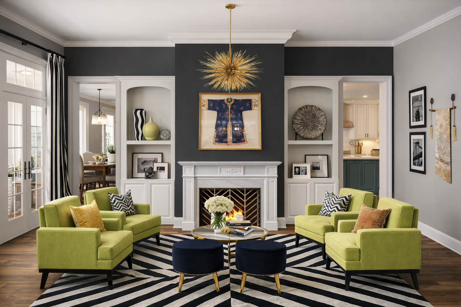 Photorealistic AI rendering of a modern living room designed by Joshua Jones of JJones Design Co. featuring a dark accent wall, built-in shelving, lime green armchairs, and a fireplace.