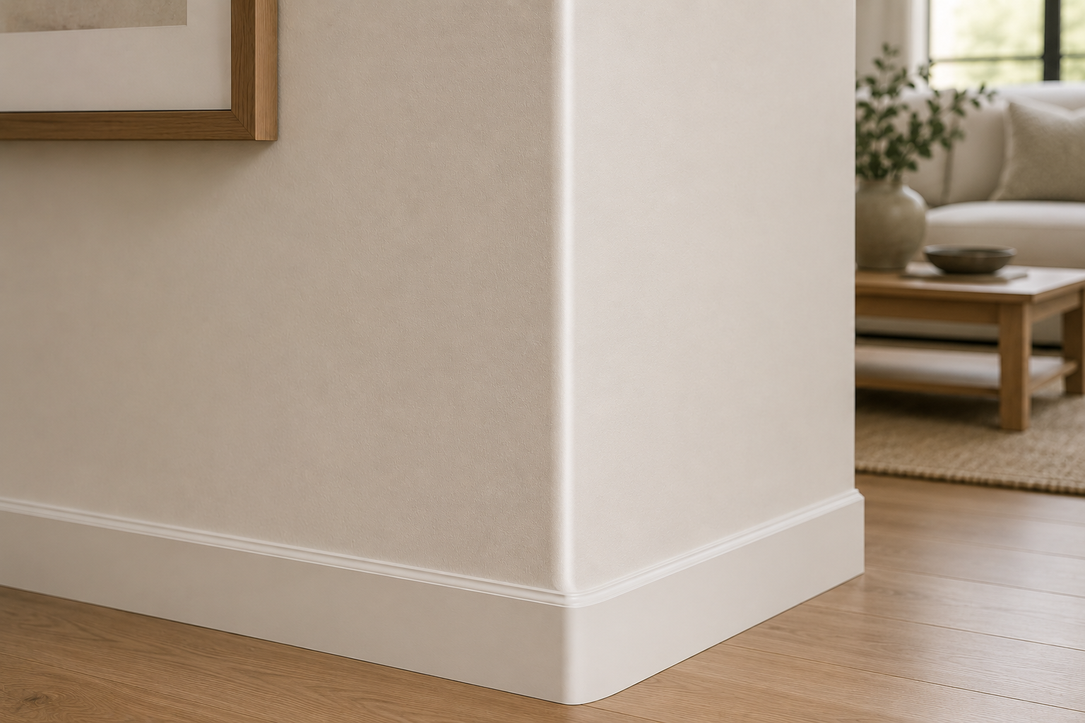 AI-generated close-up of a softly rounded drywall corner with white baseboards, light wood flooring, and a neutral modern living room in the background.