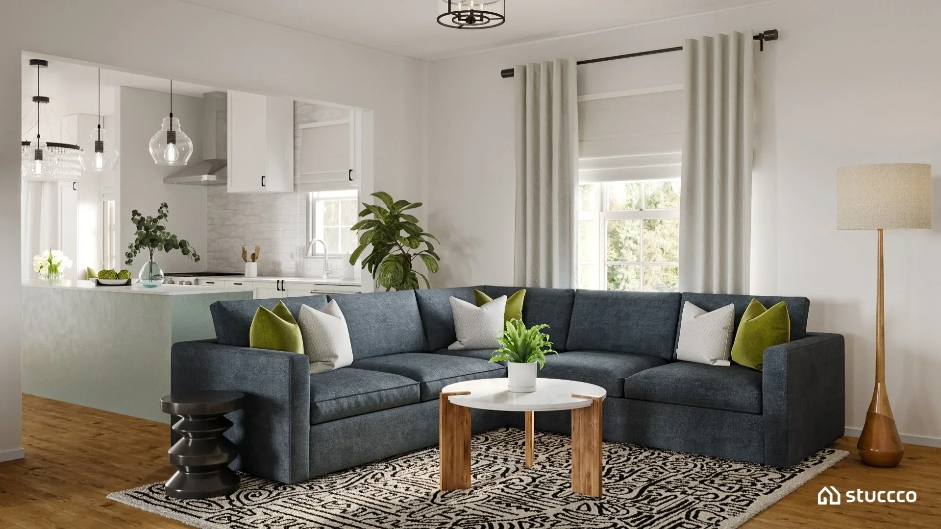 Contemporary style family room with a sectional sofa designed for smaller spaces by Joshua Jones of JJones Design Co. | 3D rendering by Stuccco.