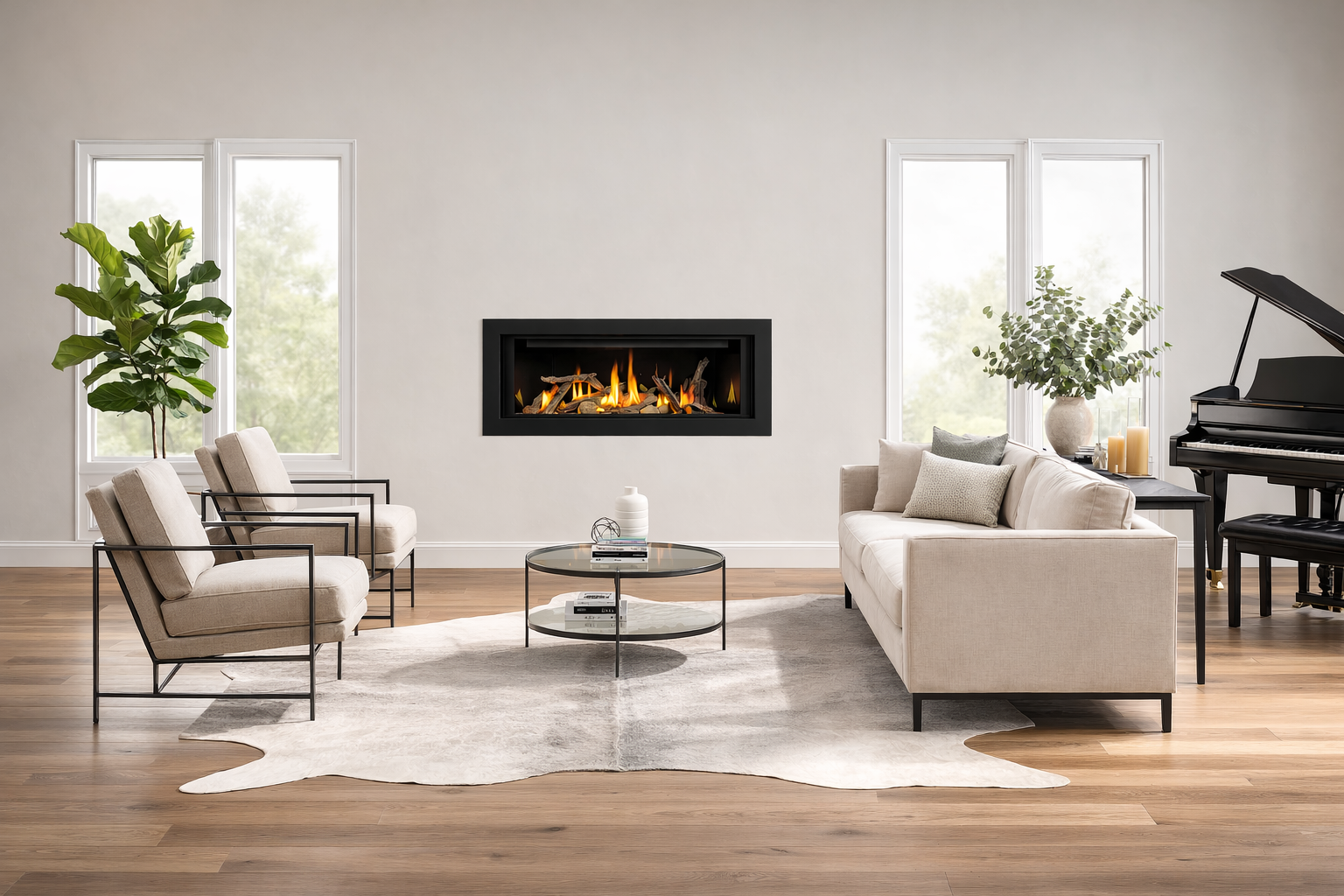 Photorealistic AI rendering of a modern living room designed by Joshua Jones featuring warm hardwood flooring, two lounge chairs, a neutral sofa, glass coffee table, and a built-in fireplace between large windows