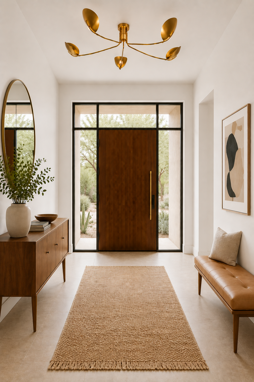 Mid-Century Modern foyer with brass flush mount ceiling light, acorn wood console table, round mirror, saddle leather bench, neutral rug, and slatted wood front door. AI-generated image styled by Joshua Jones of JJones Design Co.
