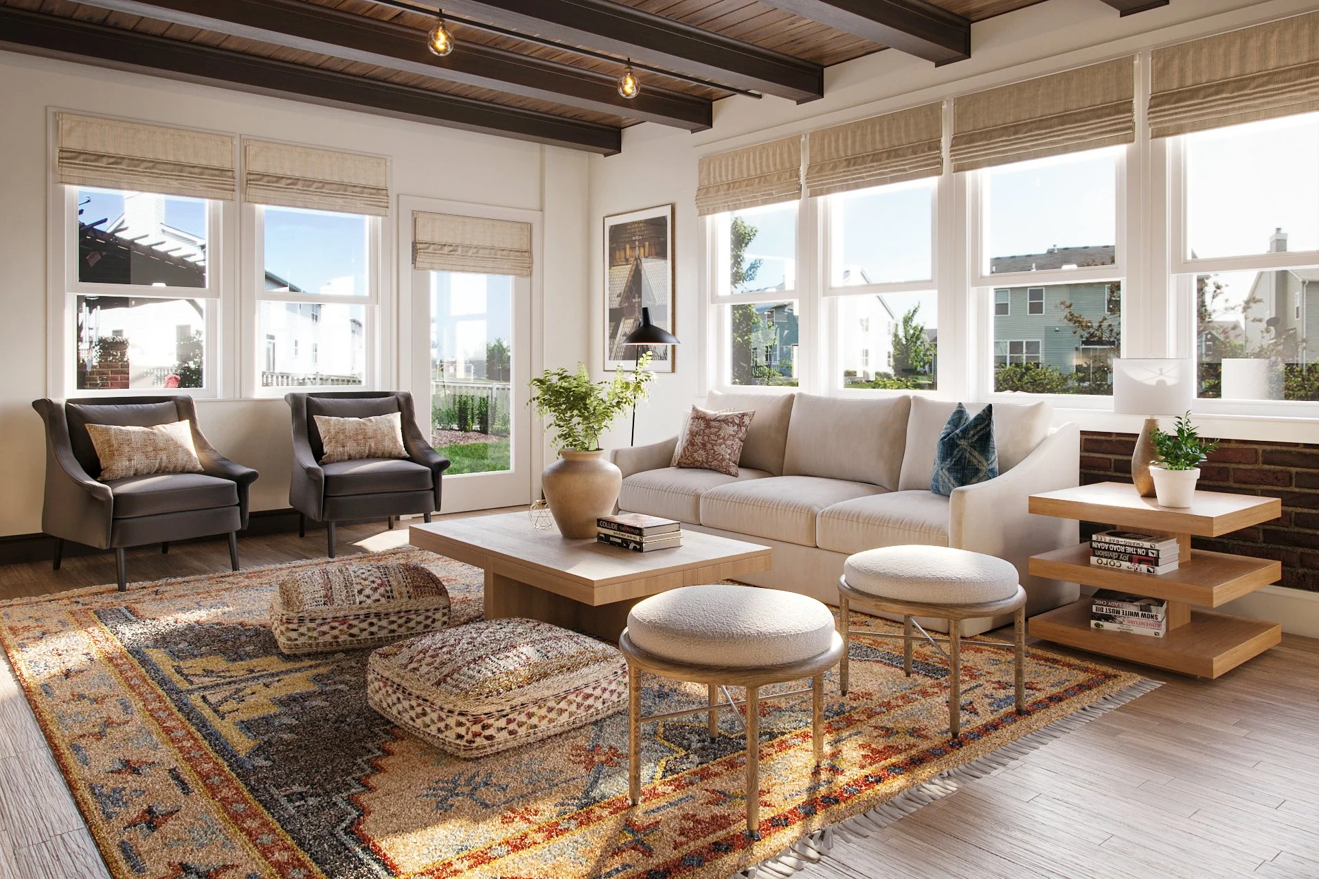 Photorealistic 3D rendering of a California Cool style living room designed by Joshua Jones, featuring exposed wood ceiling beams, large sunlit windows, layered neutral furnishings, textured rugs, warm wood tones, and relaxed contemporary styling.