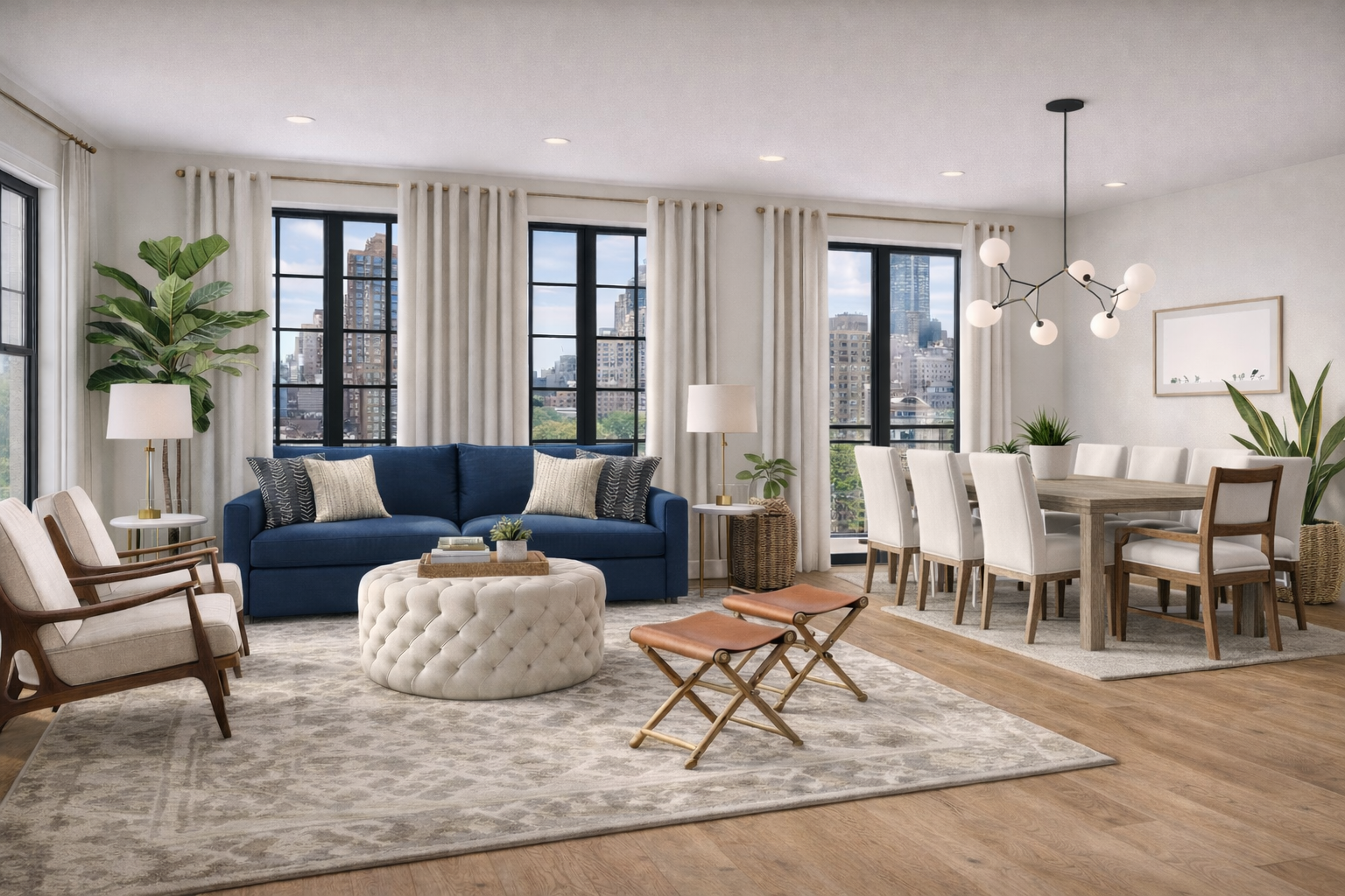 AI-generated rendering of a California Casual New York City apartment with an open-concept living and dining room.