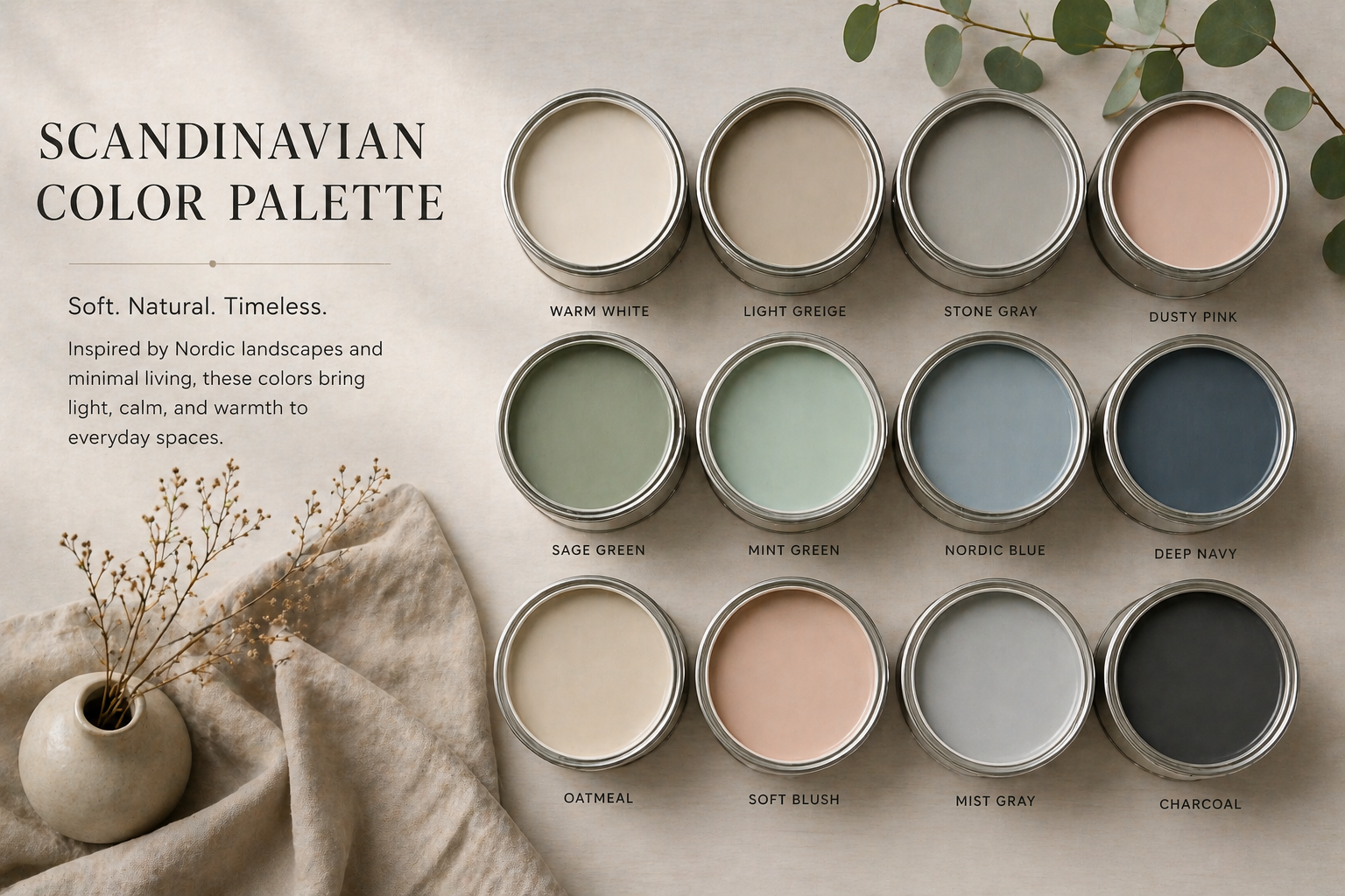 AI-generated Scandinavian color palette with paint can lids showing warm white, greige, gray, dusty pink, sage green, mint green, blue, navy, and charcoal tones arranged in a clean, minimalist layout.